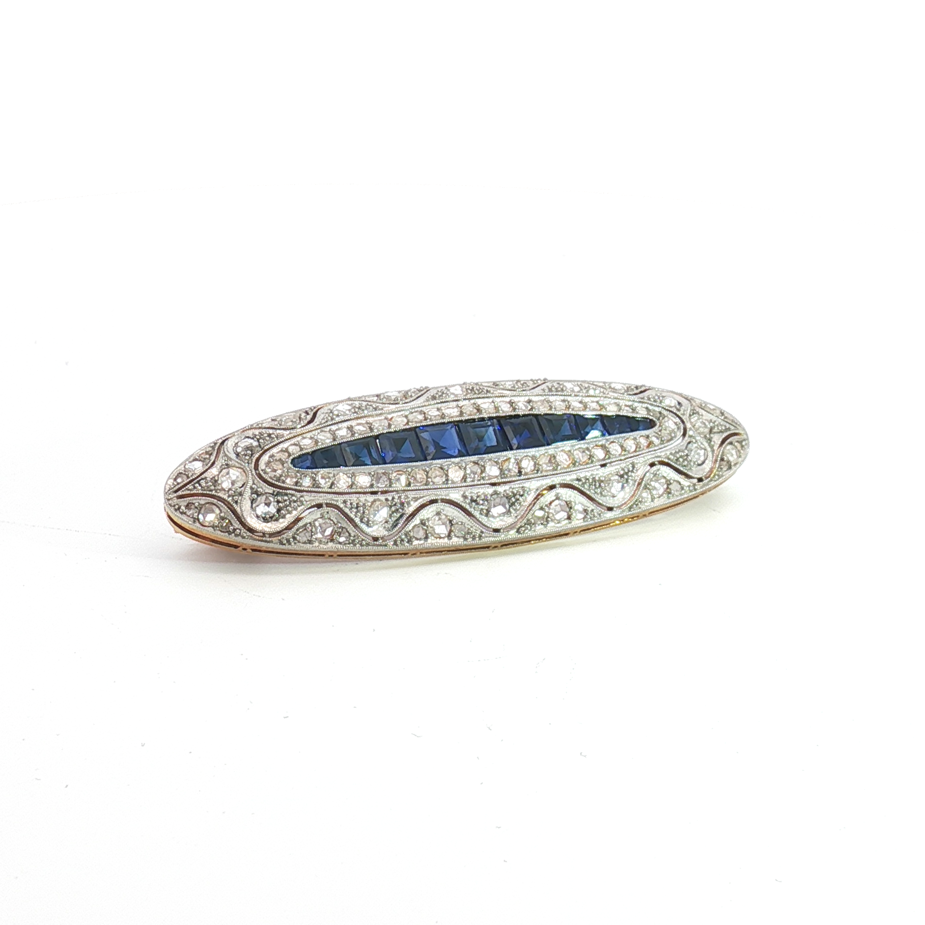 18ct YG and Platinum Blue Sapphire and Diamond Brooch