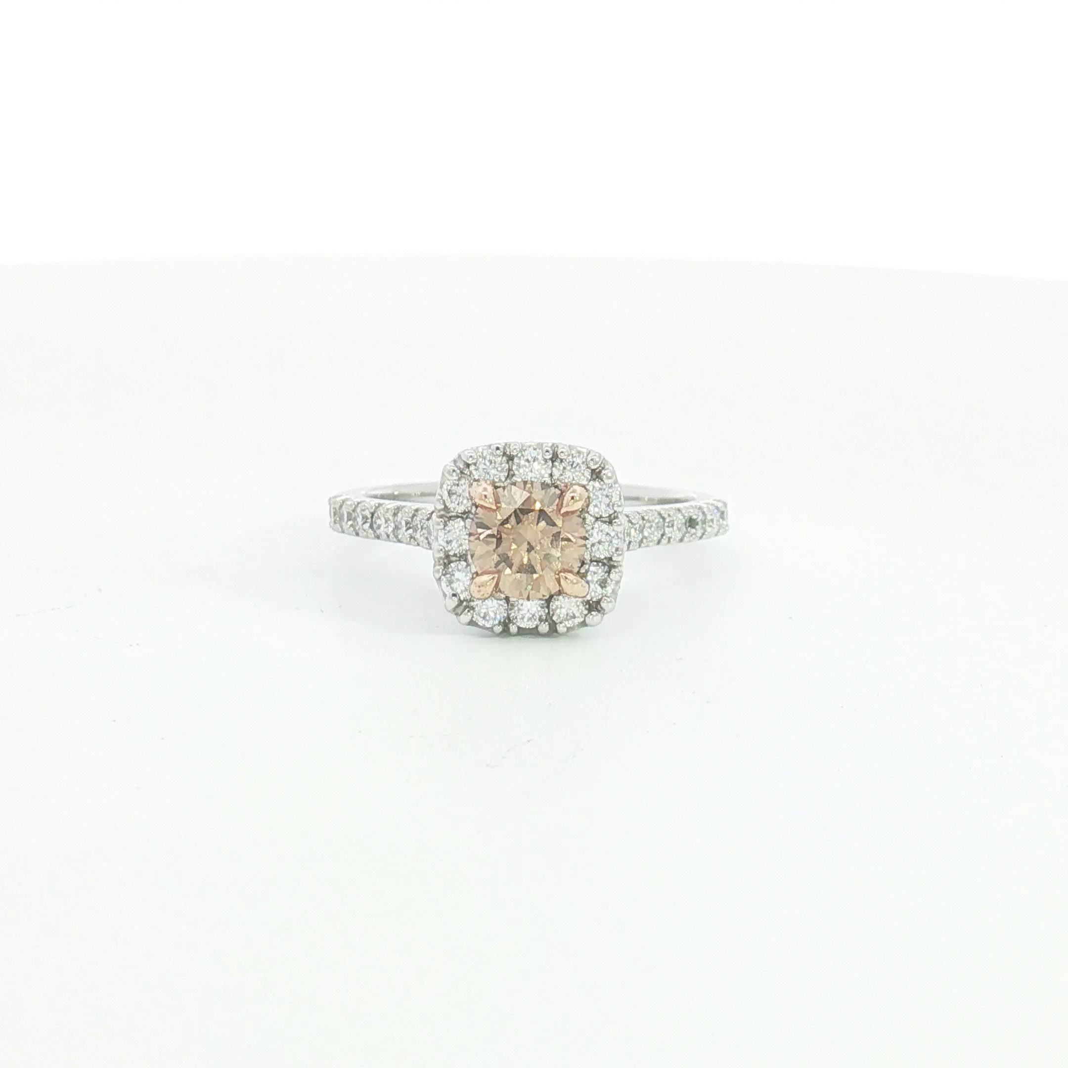 18ct WG Cognac Diamond Halo Engagement Ring with Diamond Set Shoulders