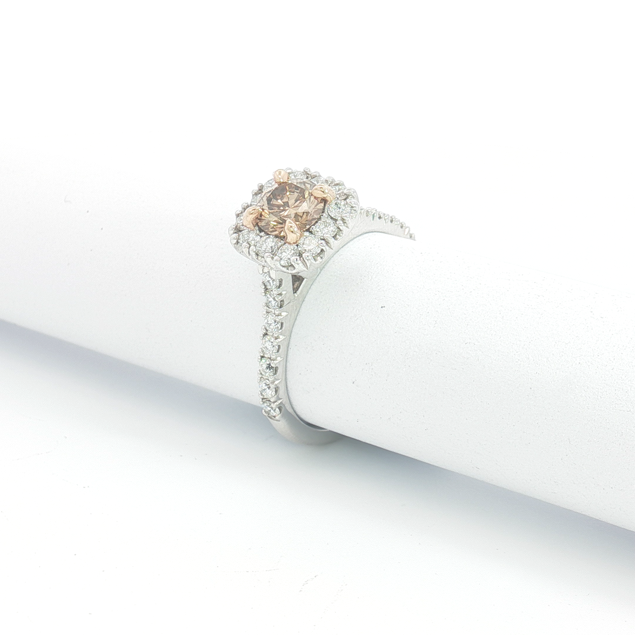 18ct WG Cognac Diamond Halo Engagement Ring with Diamond Set Shoulders