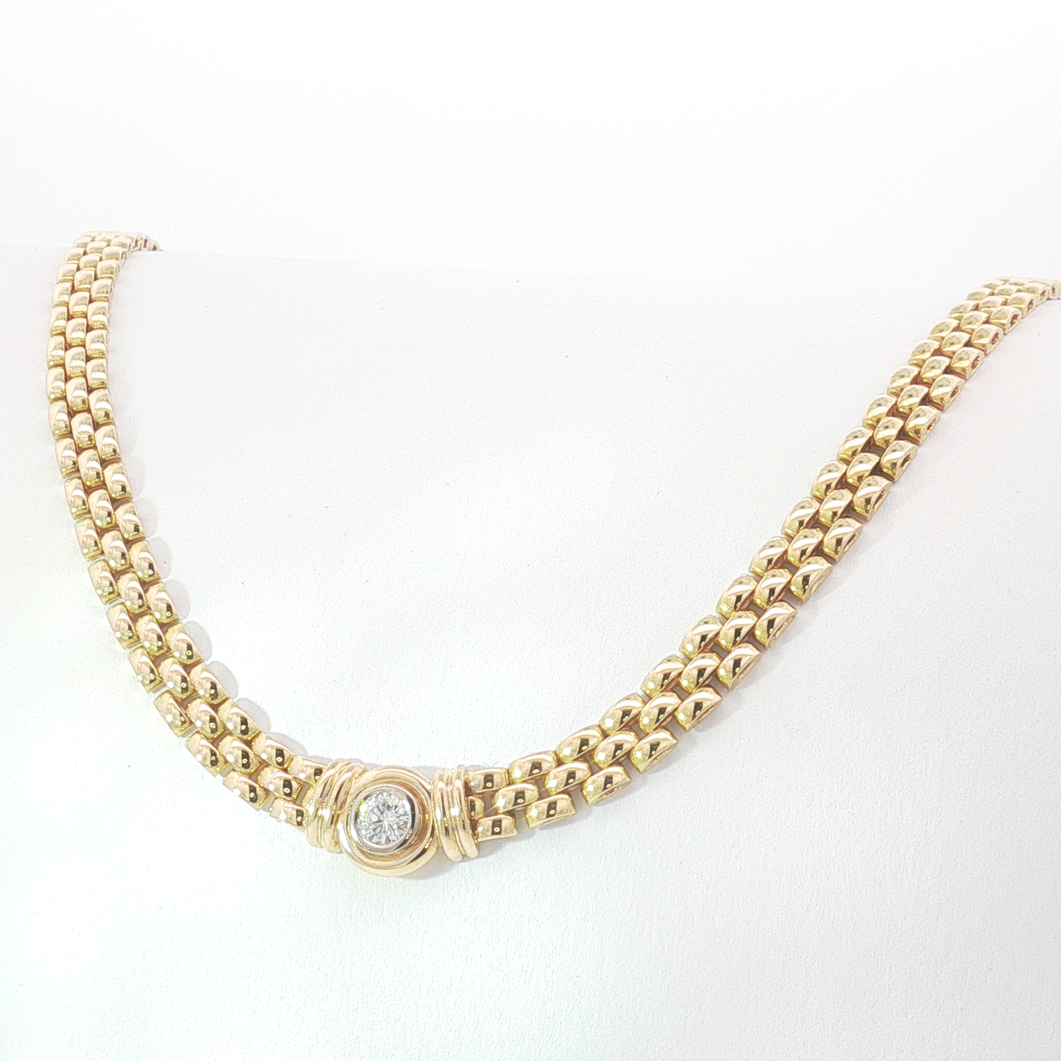 18ct YG Brick Link Necklace with Bezel-Set Diamond Feature