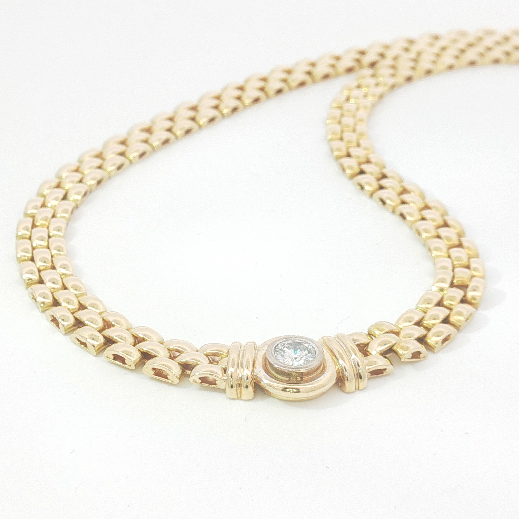 18ct YG Brick Link Necklace with Bezel-Set Diamond Feature