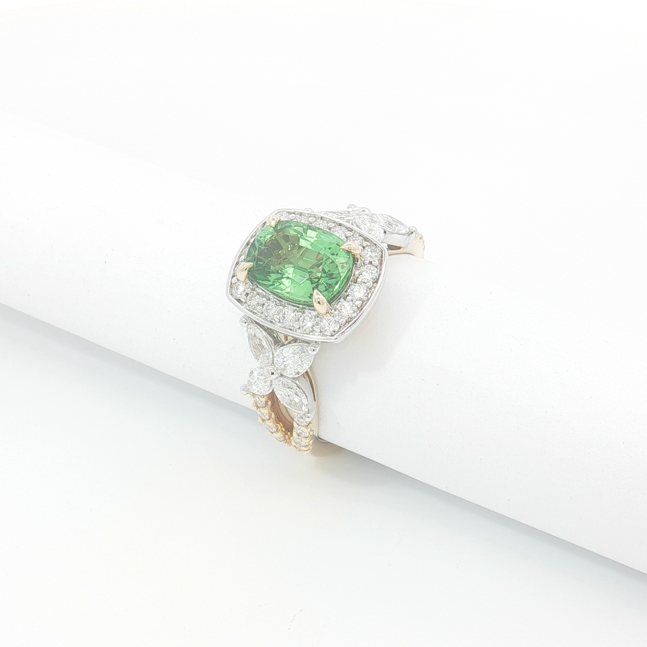 18ct 2Tone Cushion Cut Tsavorite and Diamond Halo Cocktail Ring