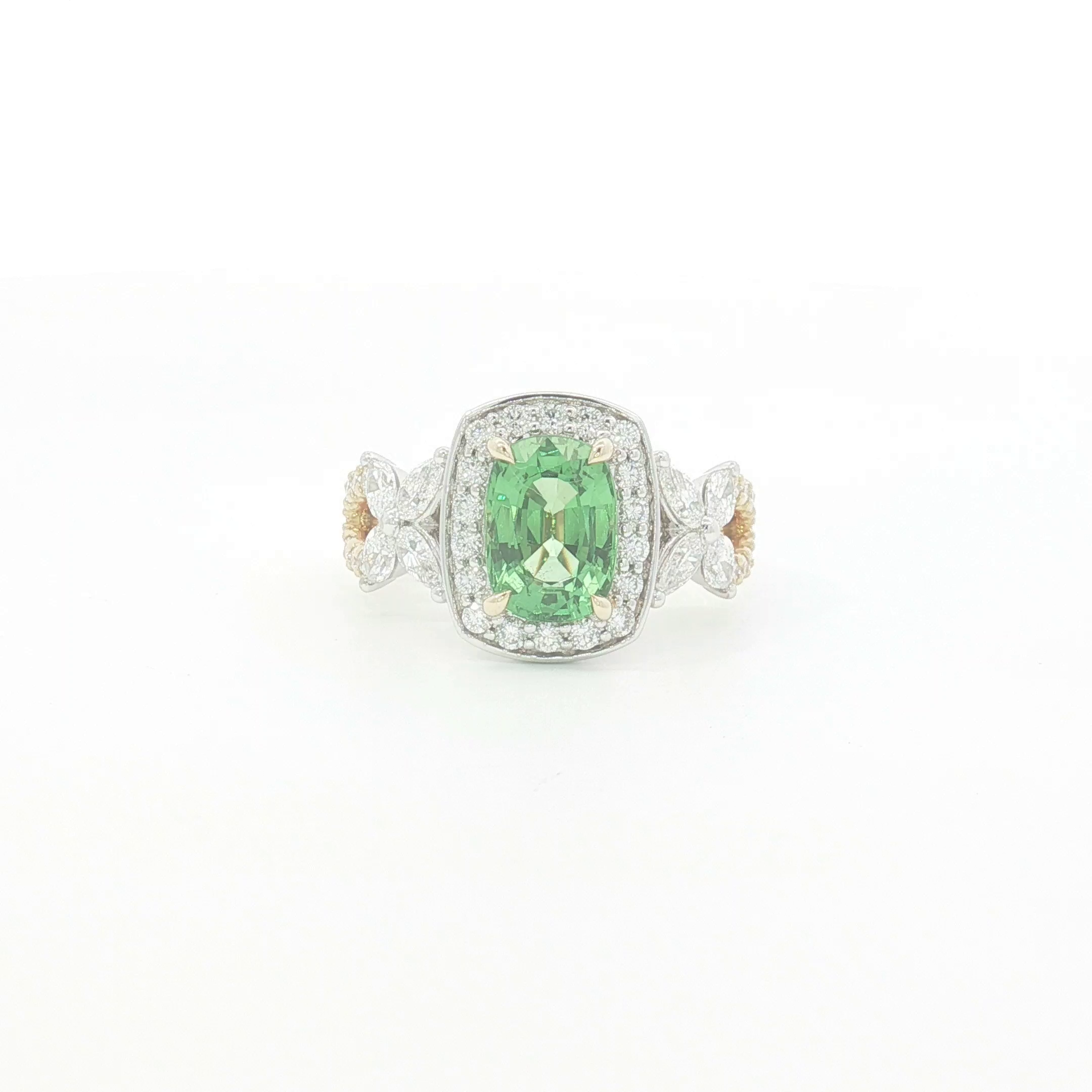 18ct 2Tone Cushion Cut Tsavorite and Diamond Halo Cocktail Ring