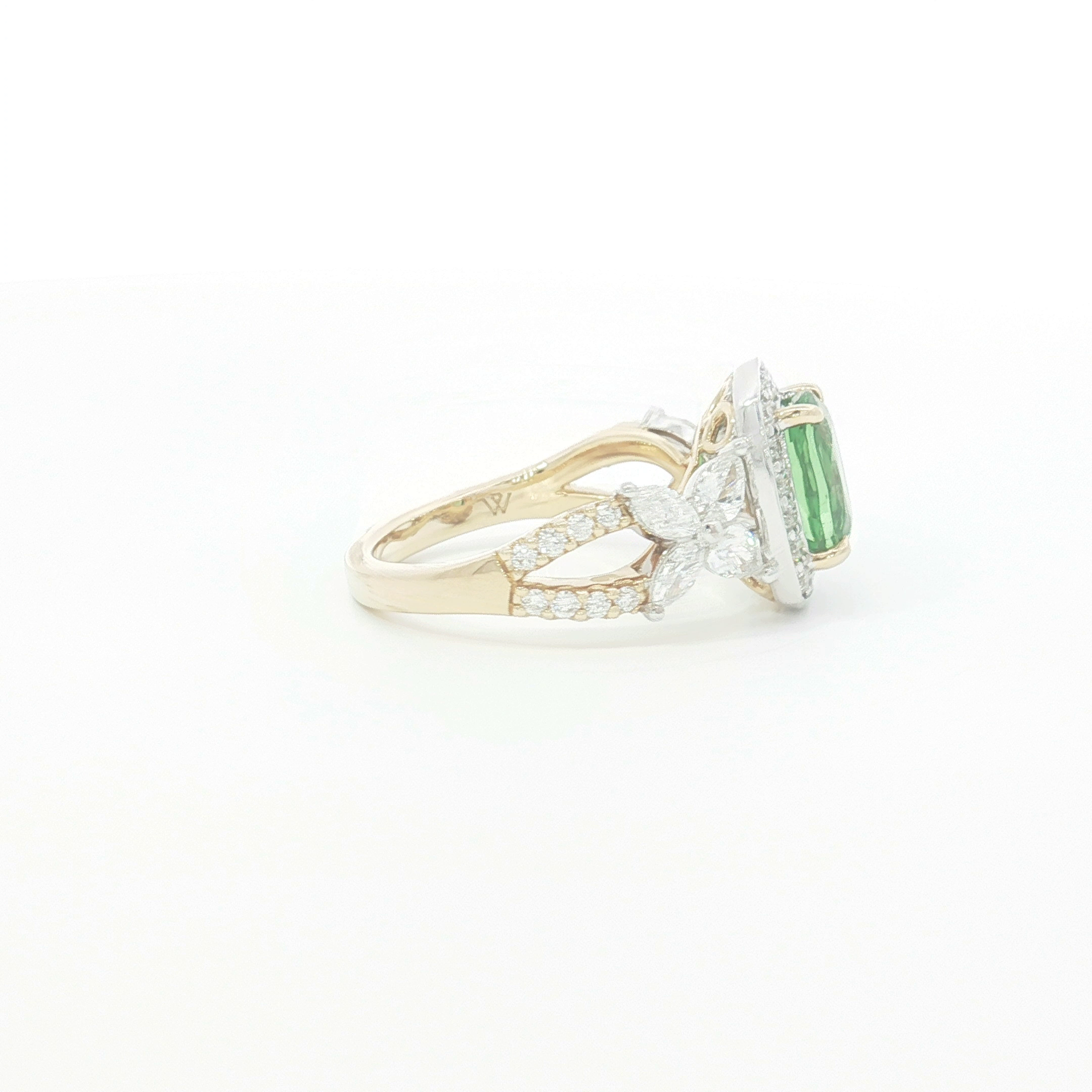 18ct 2Tone Cushion Cut Tsavorite and Diamond Halo Cocktail Ring