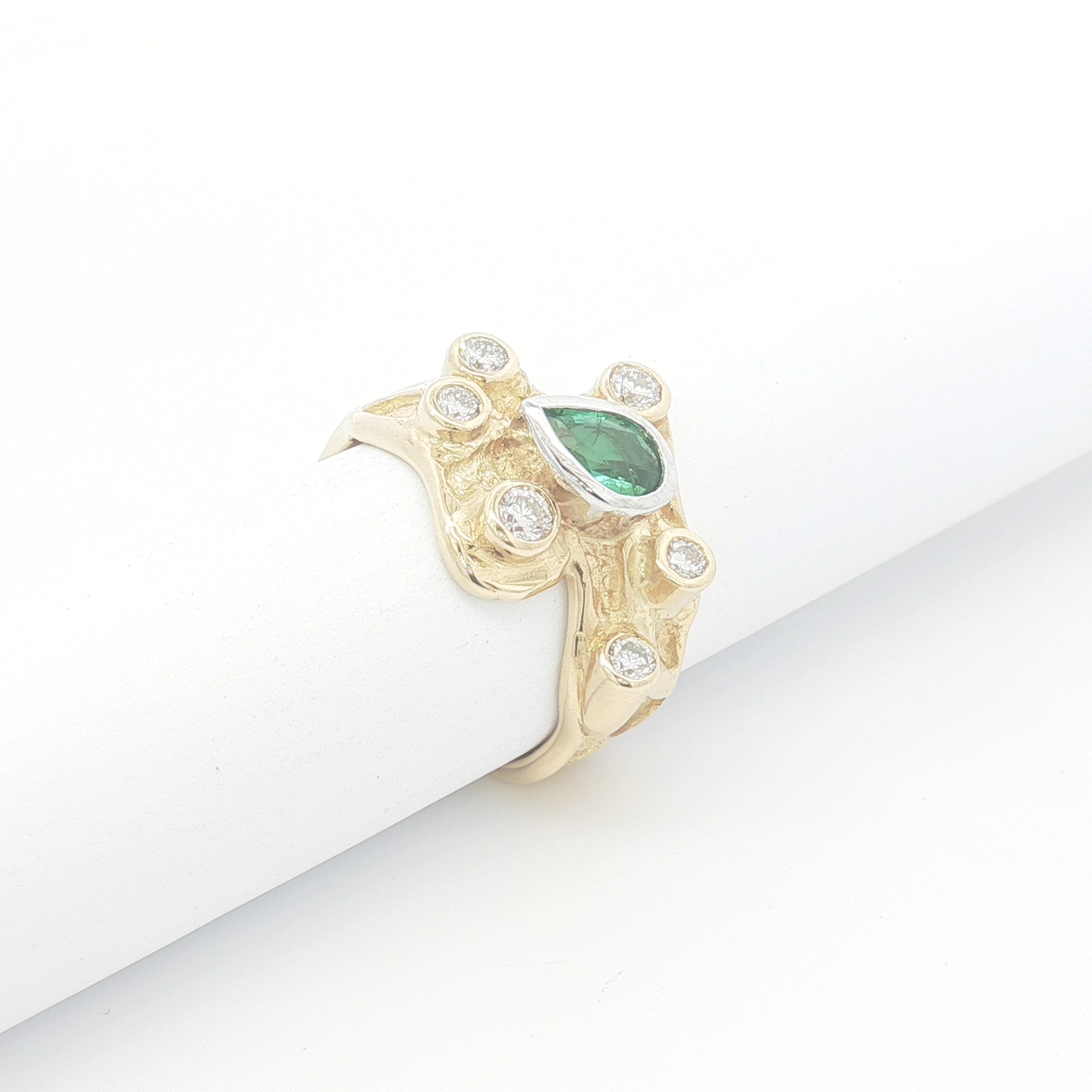 18ct YG Organic Textured Emerald and Diamond Dress Ring