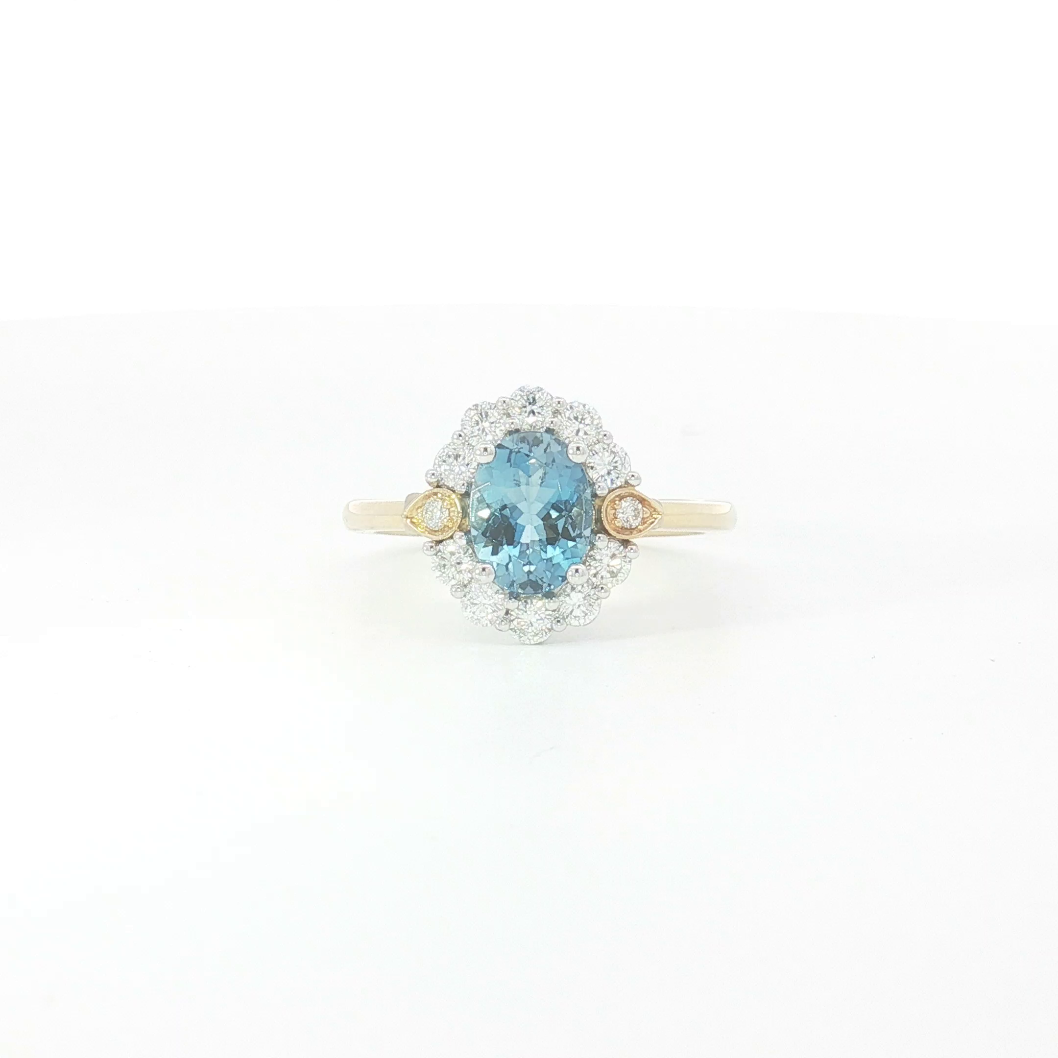 18ct 2Tone Oval Aquamarine and Diamond Cluster Ring