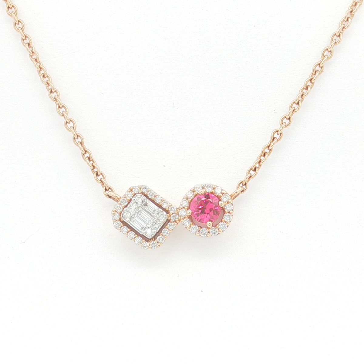 18ct RG Diamond and Ruby Asymmetrical Halo Necklace
