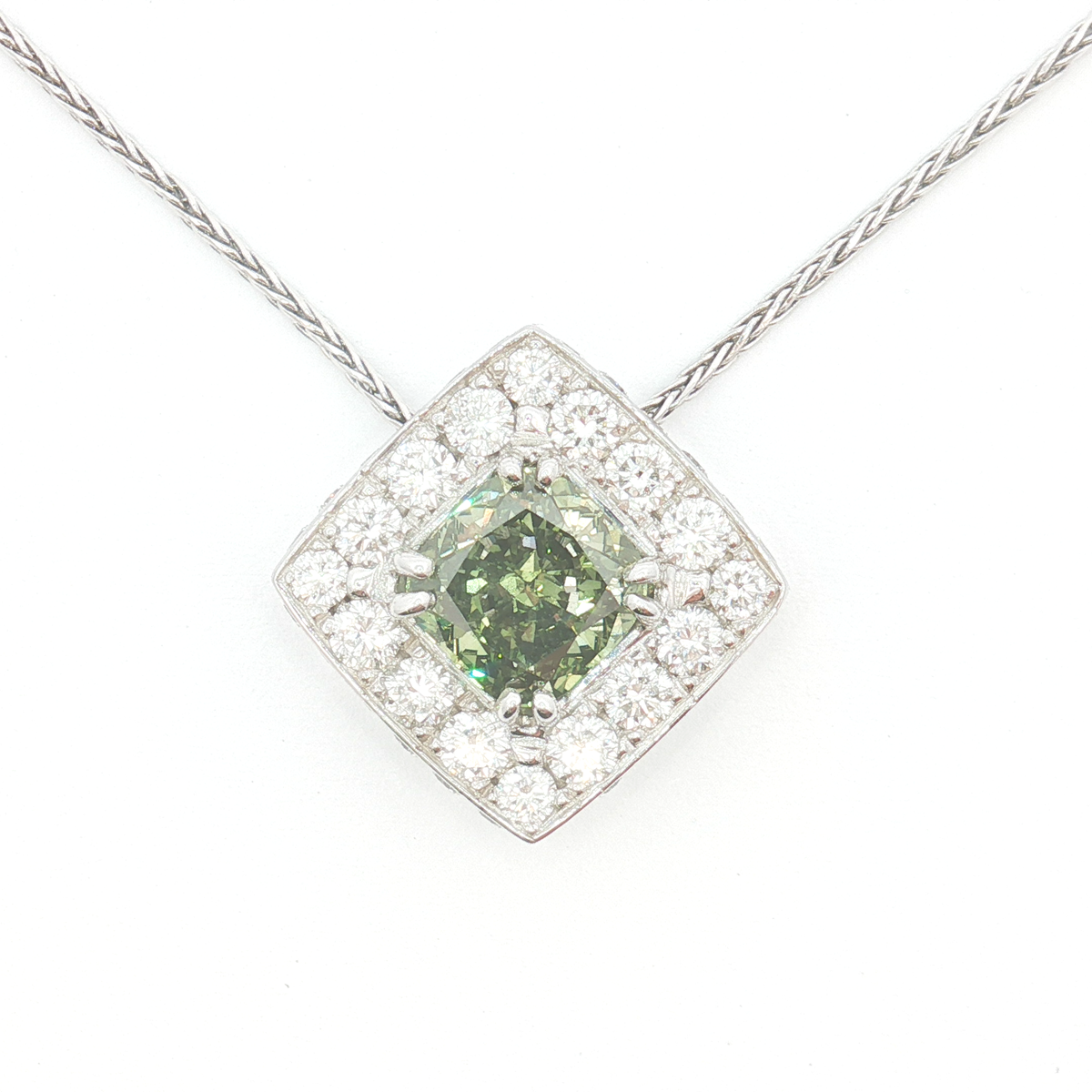 18ct WG Lab Grown Fancy Green Diamond Halo Pendant Necklace