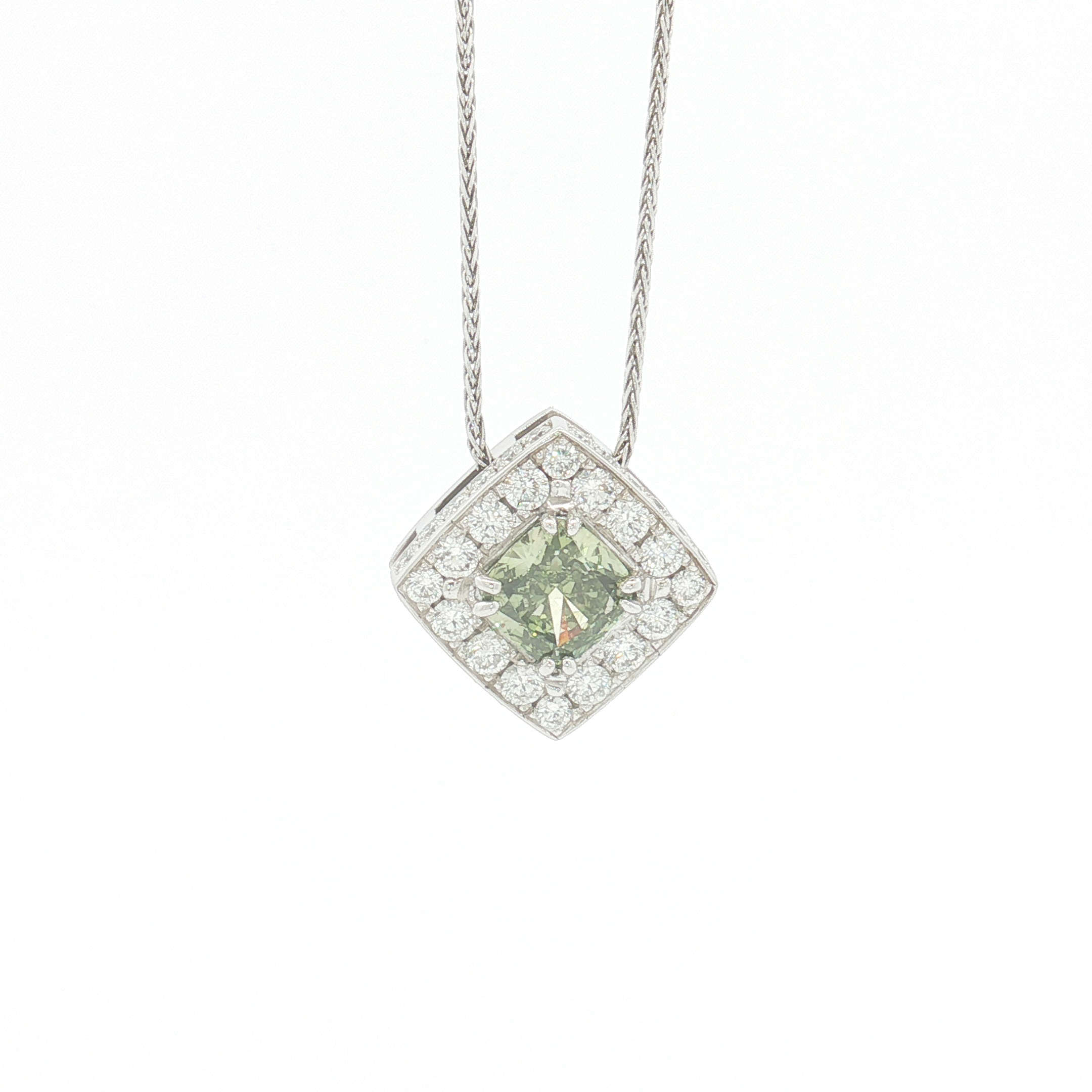 18ct WG Lab Grown Fancy Green Diamond Halo Pendant Necklace