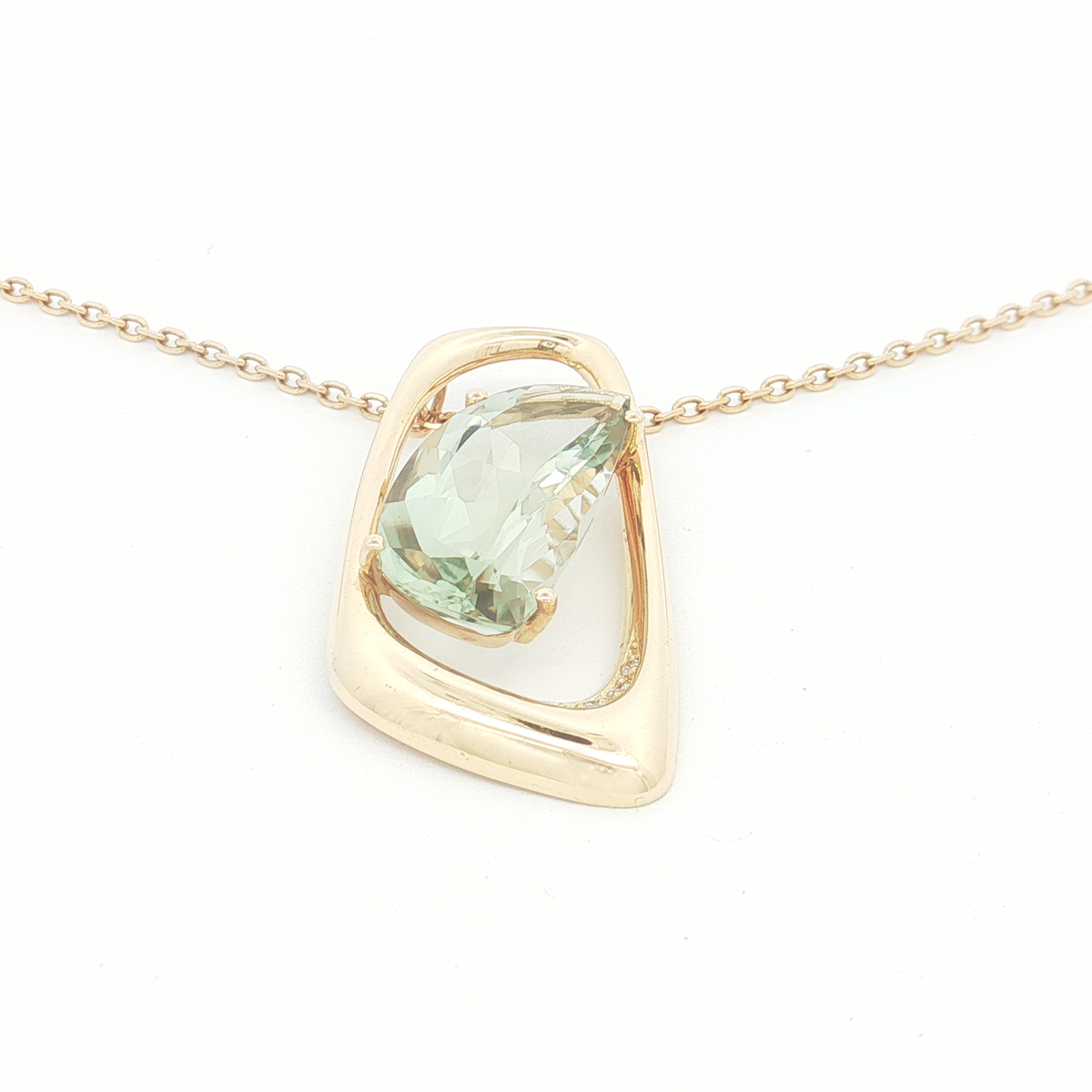 18ct YG Asymmetrical Prasiolite and Diamond Pendant