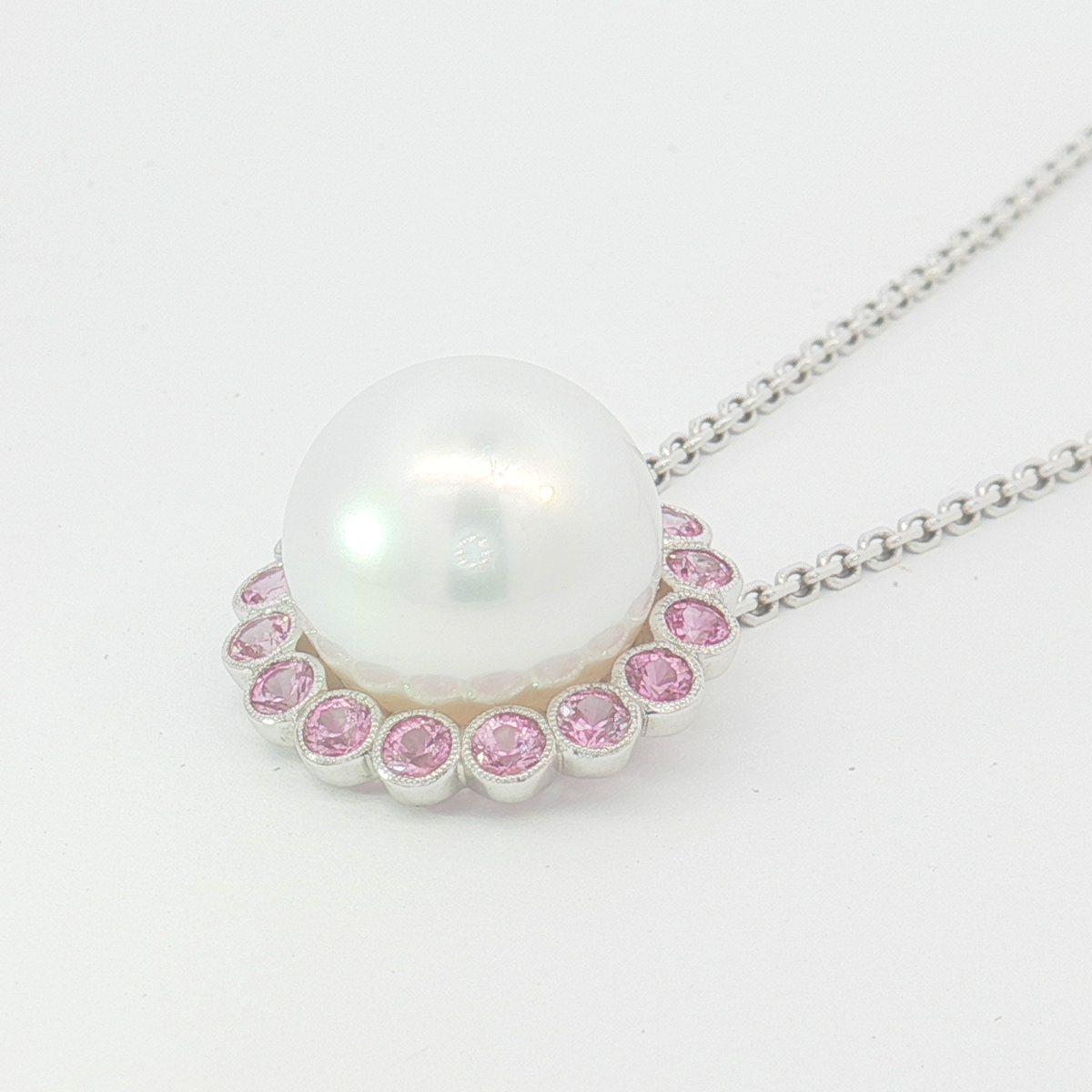 18ct WG SS Pearl and Pink Sapphire Halo Pendant