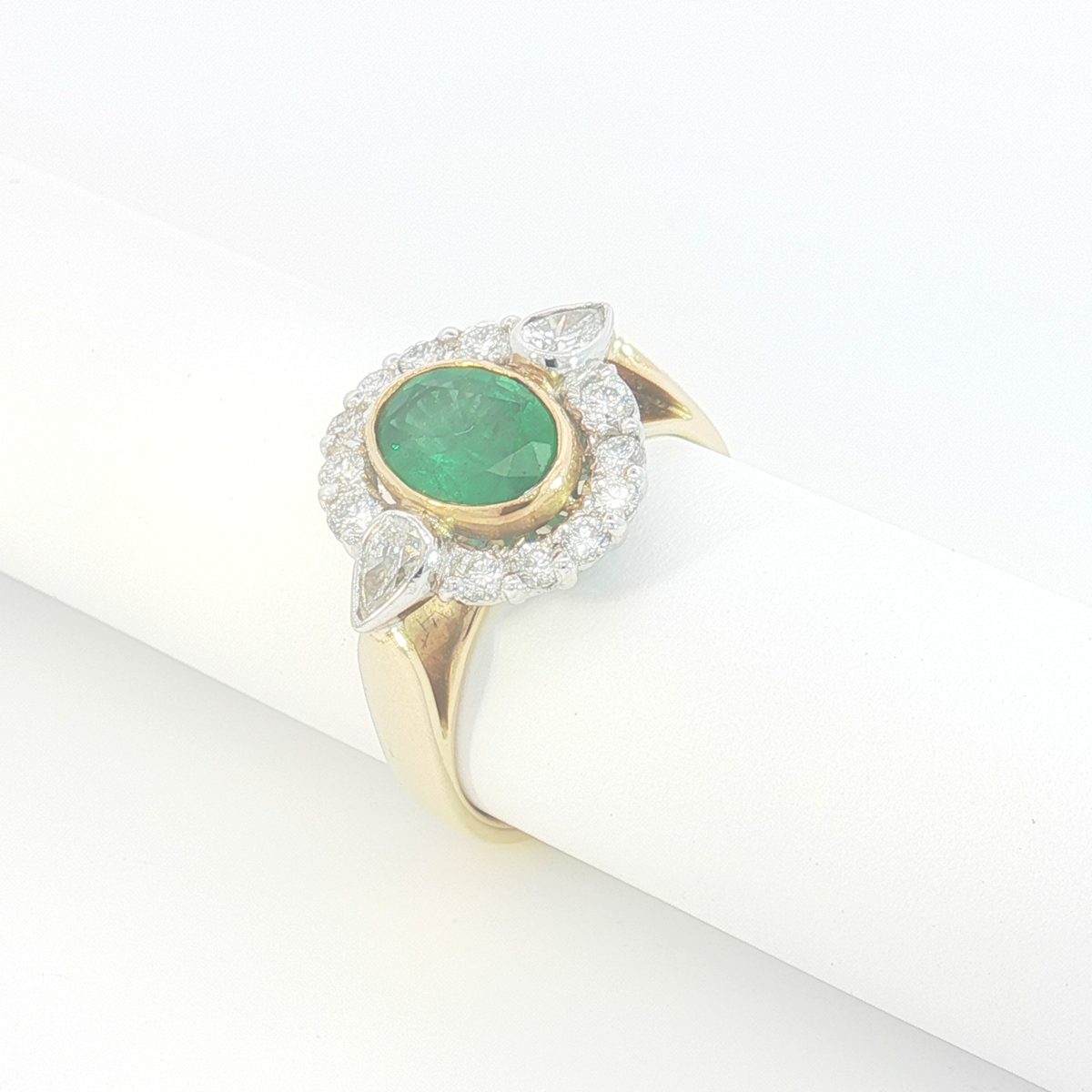 18ct 2Tone Oval Emerald and Diamond Halo Cocktail Ring