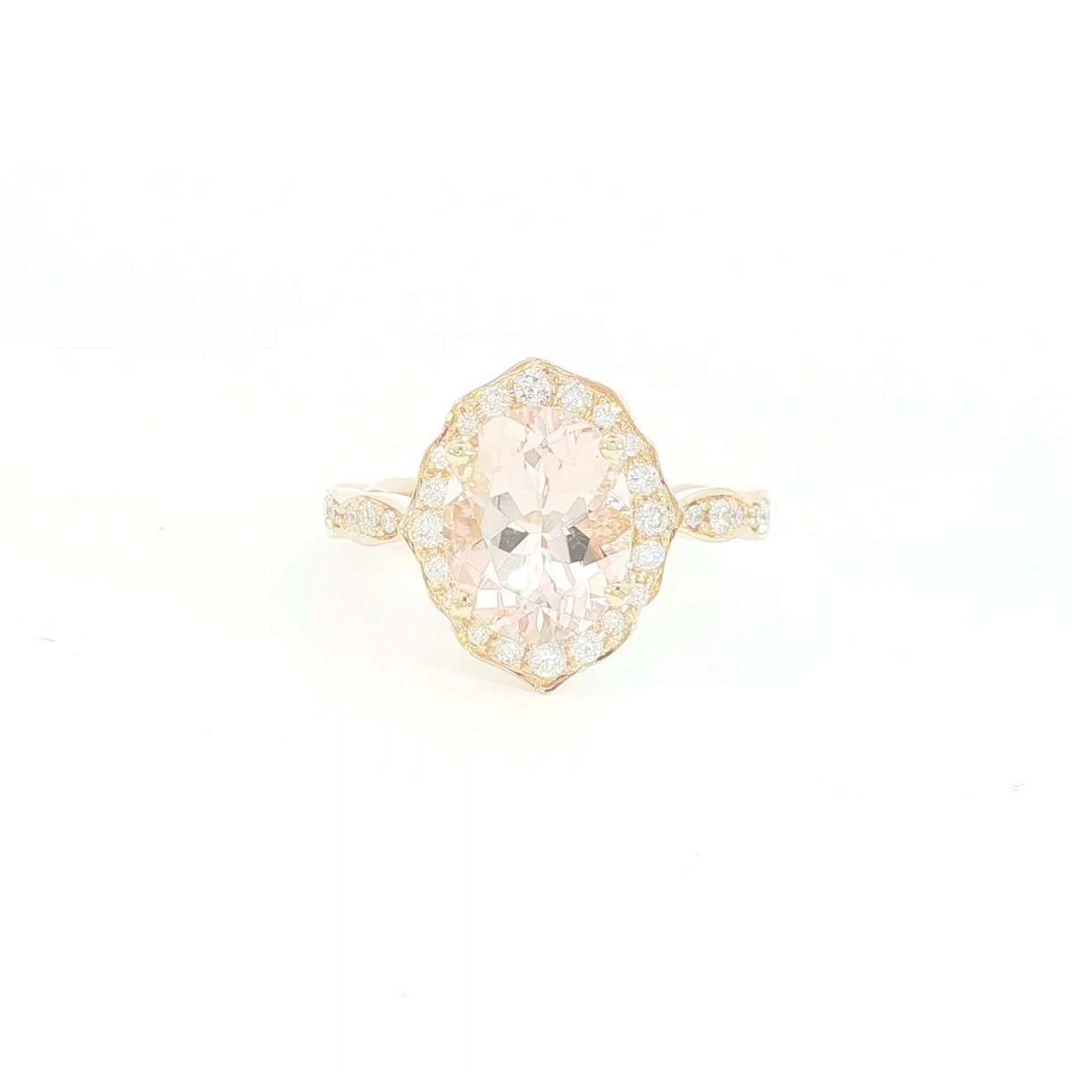 18ct RG Oval Morganite Scalloped Halo Cocktail Ring