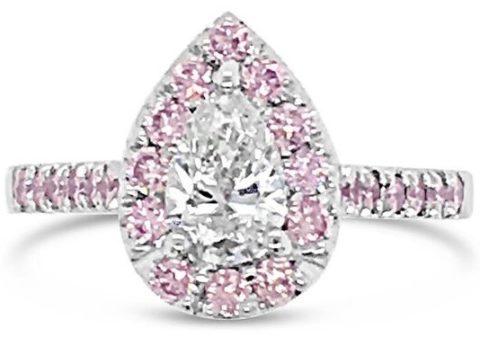18ct white gold pear diamond with pink diamond halo engagement ring