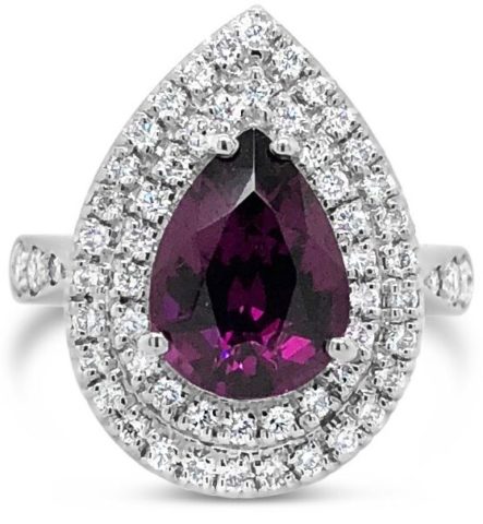 18ct WG Pear Shape Rhodolite Garnet Diamond Double Halo Ring