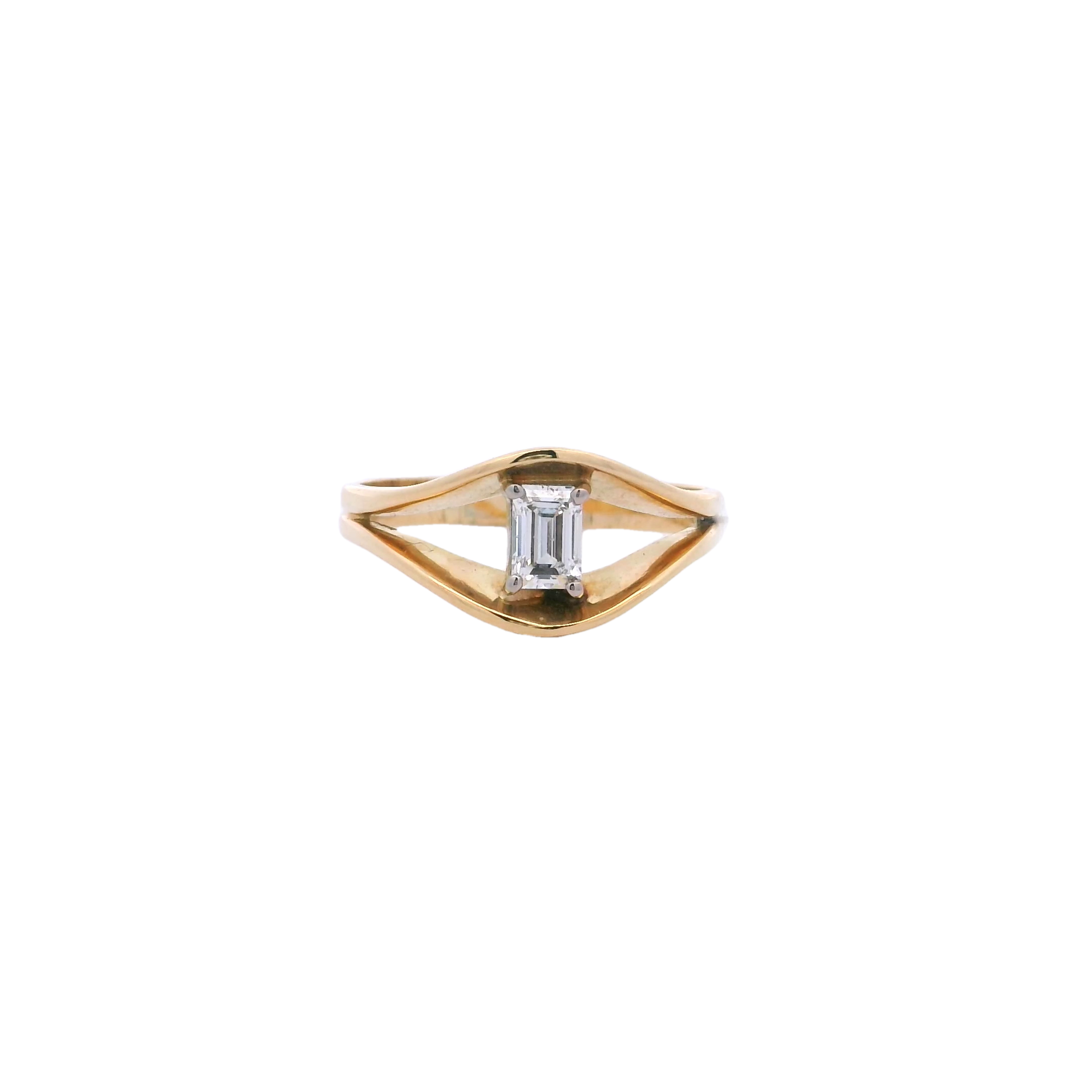 18ct YG Split Ring with Emerald Cut Diamond