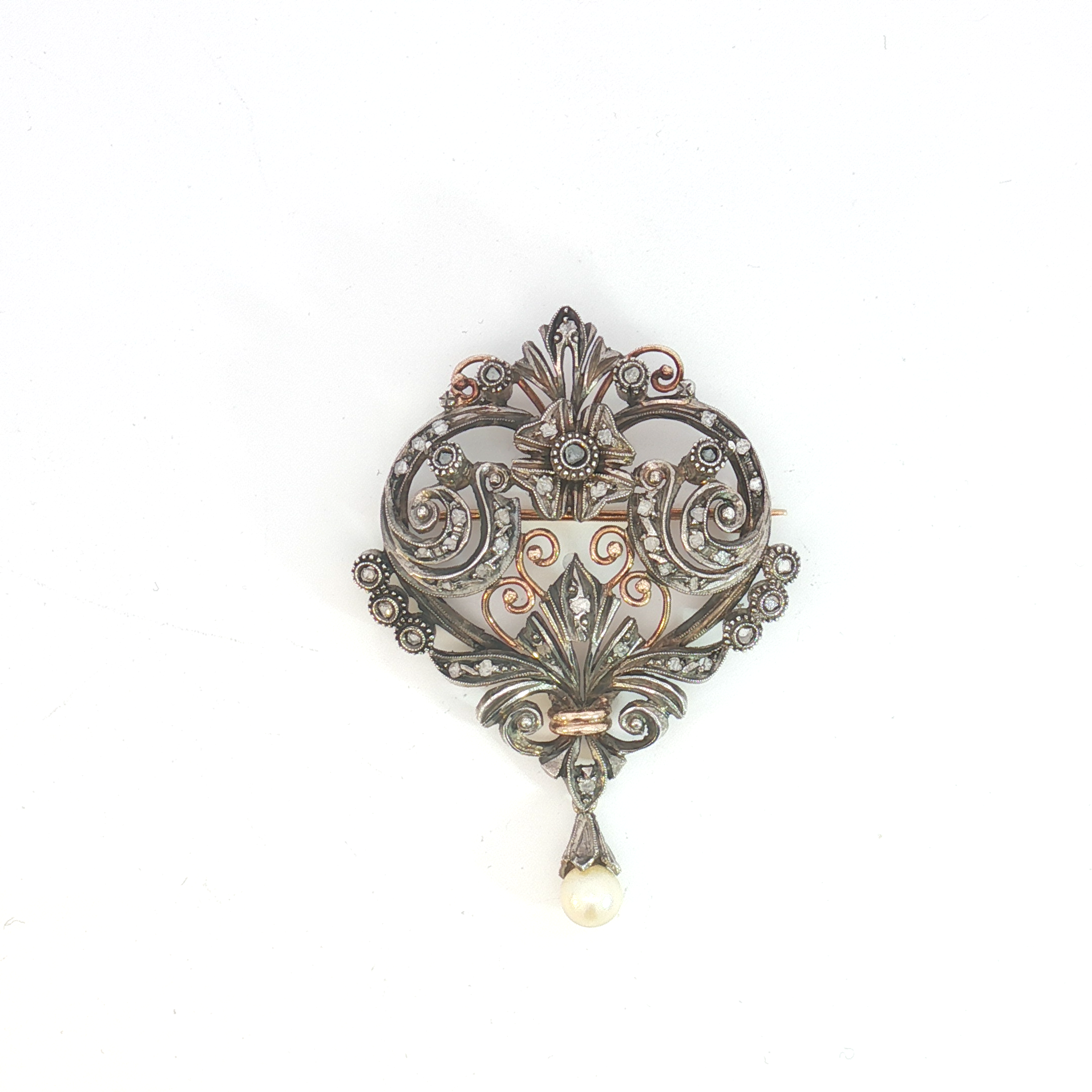 Antique Silver and Rose Gold Diamond Scroll Brooch with Pearl Drop