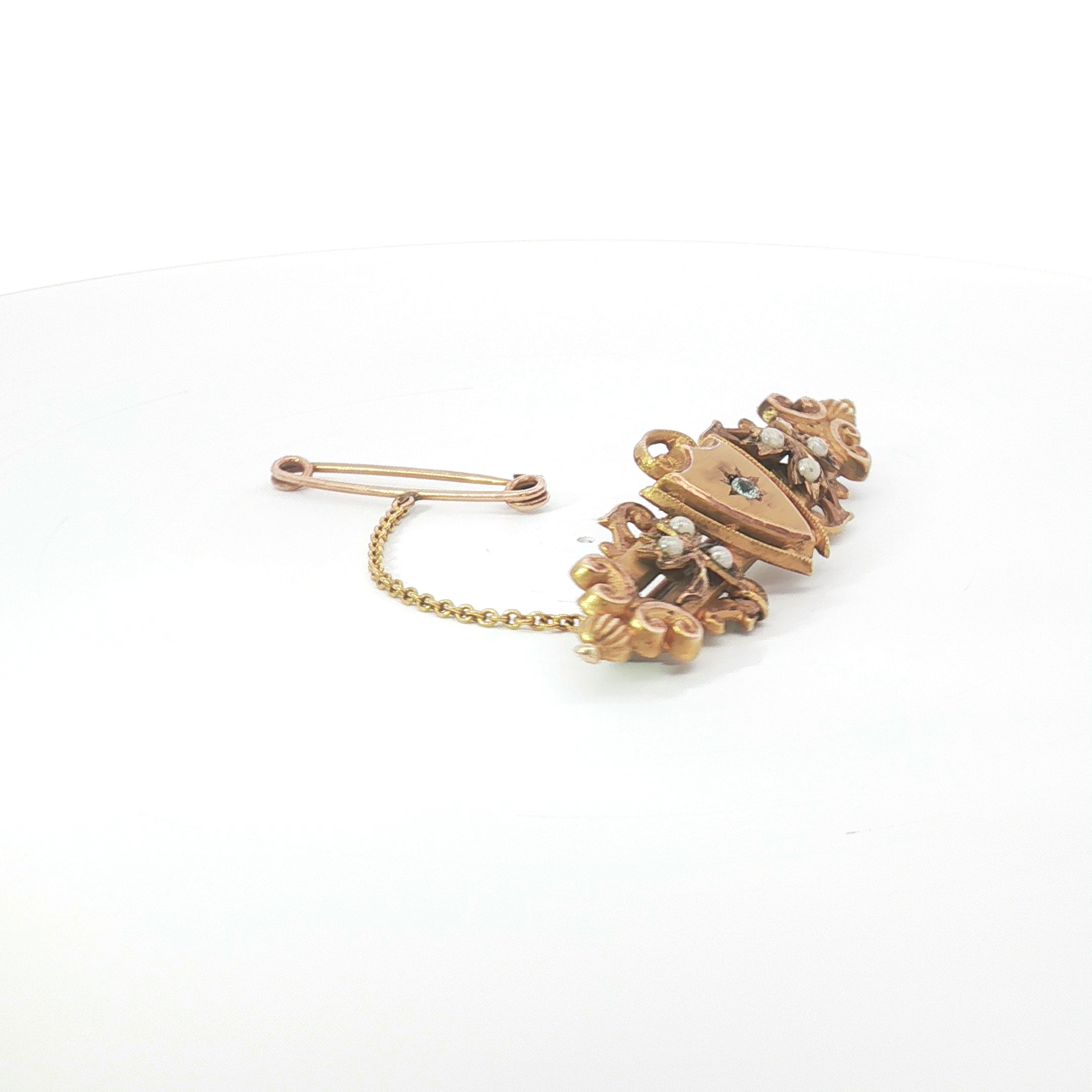 9ct YG Seed Pearl and Shield Motif Brooch