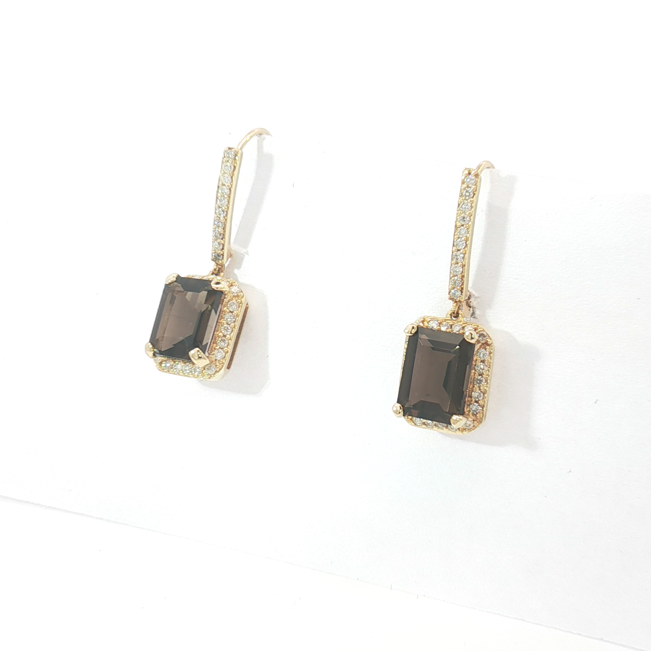 9ct YG Smoky Quartz and Diamond Halo Drop Earrings