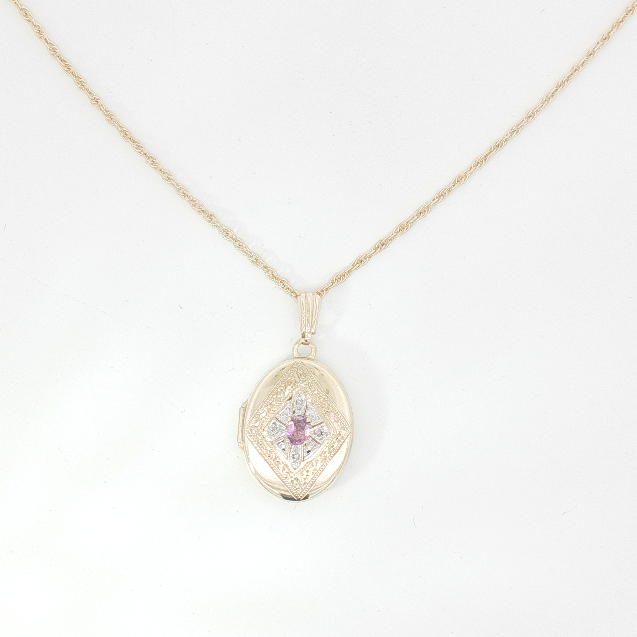 9ct 2Tone Engraved Yellow Gold Oval Locket with Diamond and Amethyst