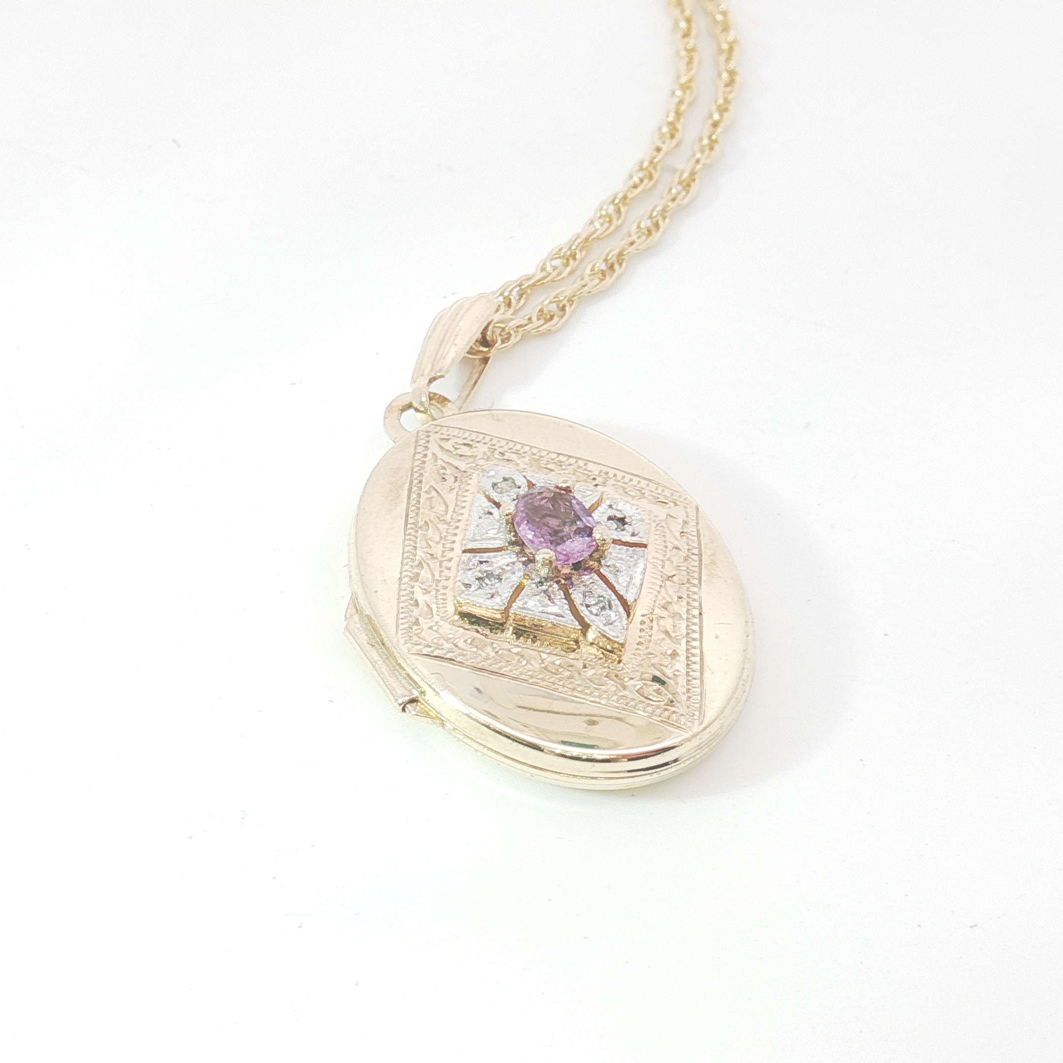 9ct 2Tone Engraved Yellow Gold Oval Locket with Diamond and Amethyst