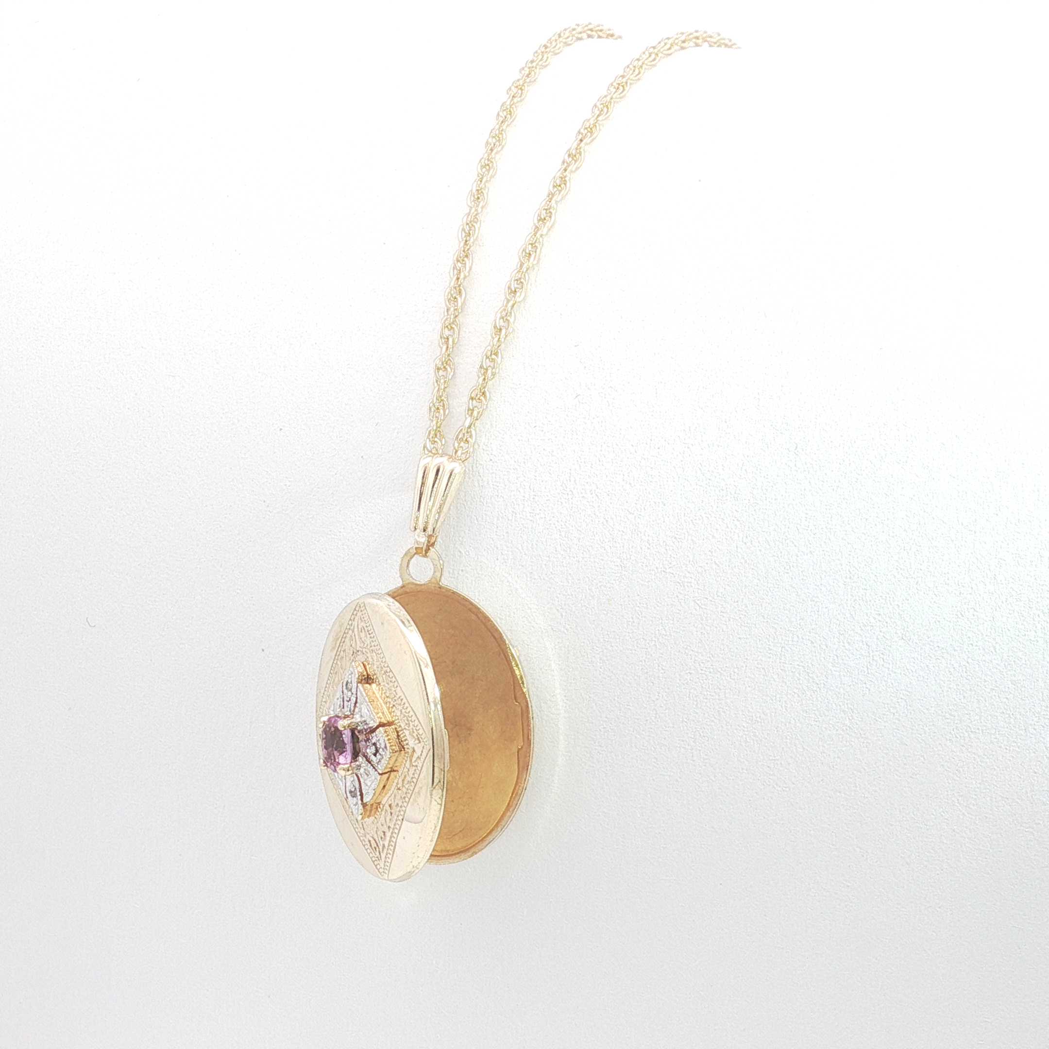 9ct 2Tone Engraved Yellow Gold Oval Locket with Diamond and Amethyst