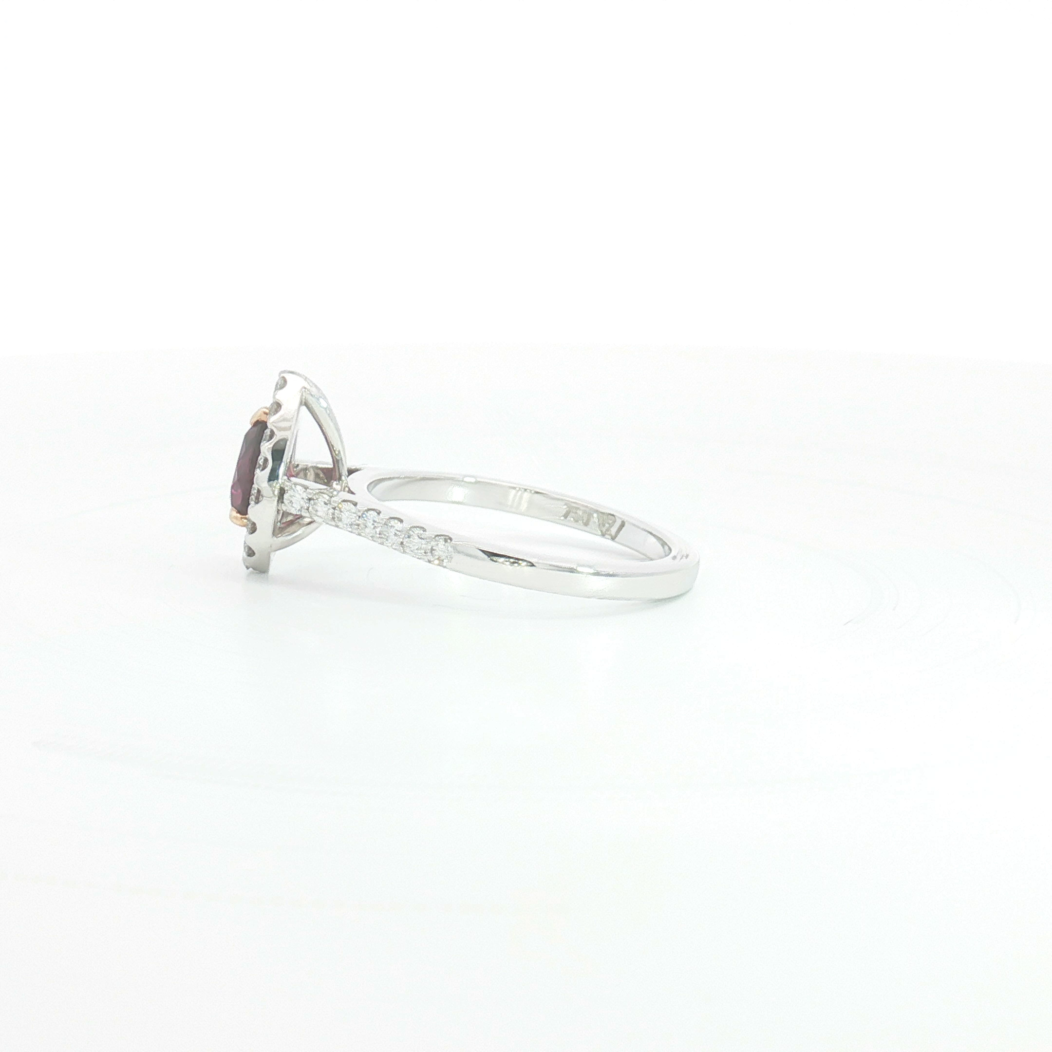 18ct WG Pear Shape Ruby and Diamond Halo Engagement Ring