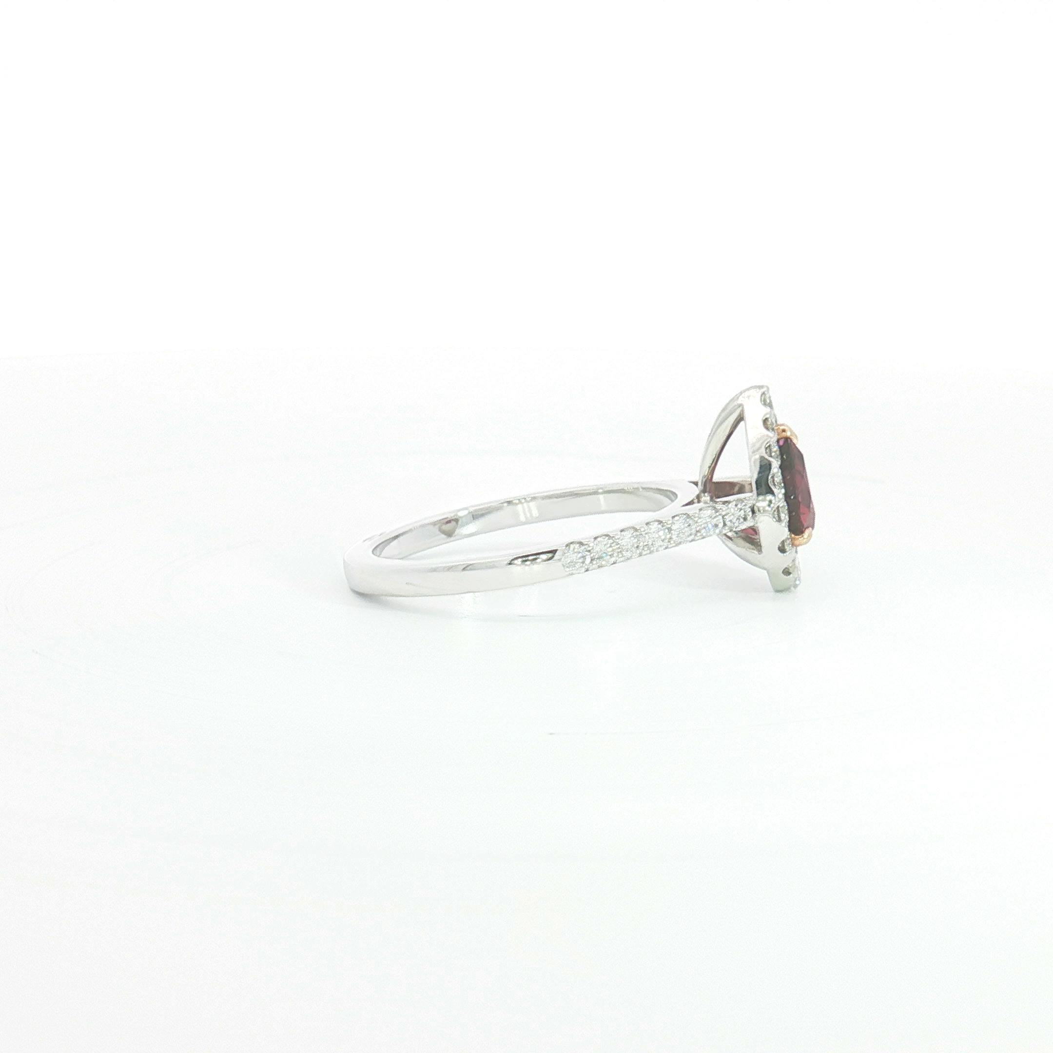18ct WG Pear Shape Ruby and Diamond Halo Engagement Ring