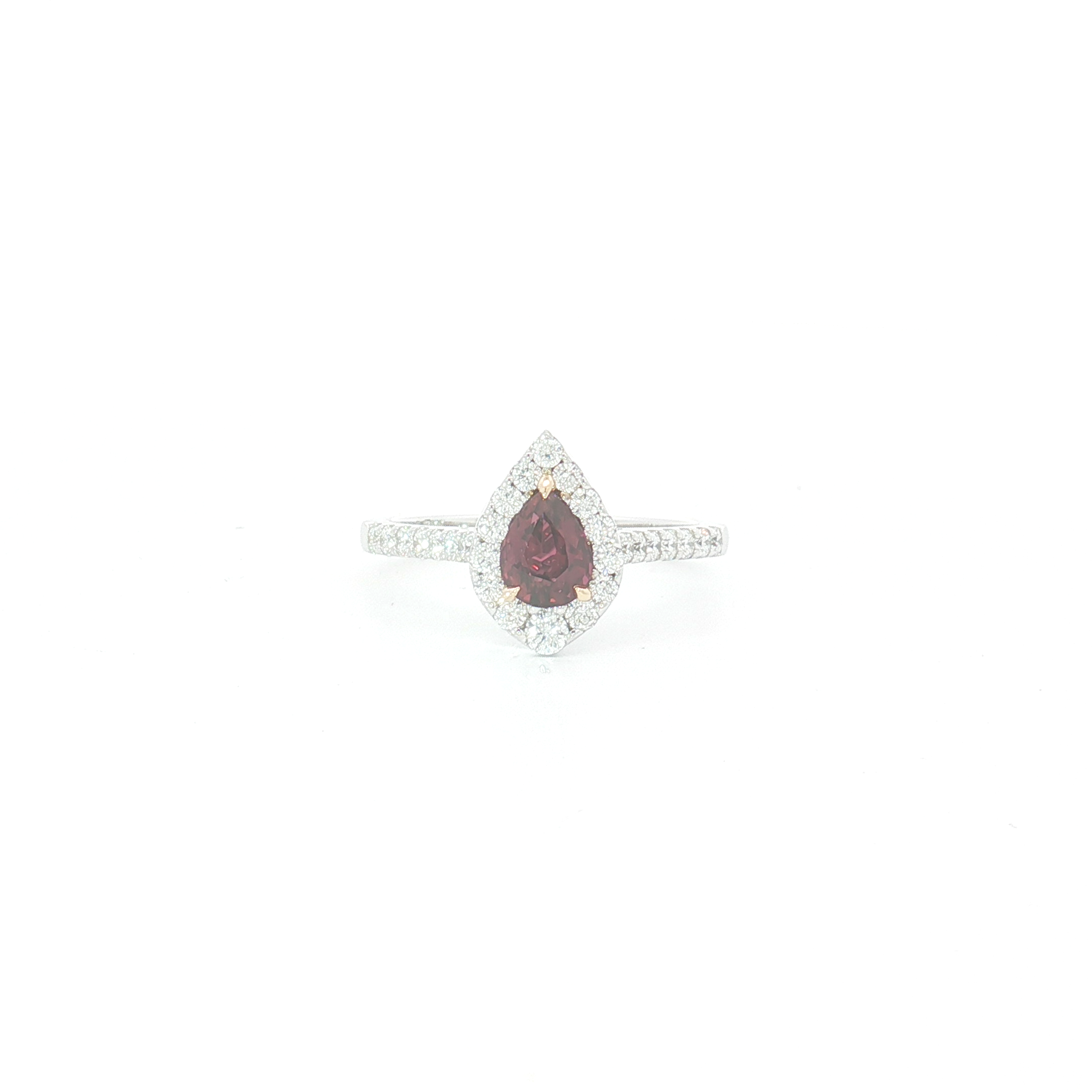 18ct WG Pear Shape Ruby and Diamond Halo Engagement Ring