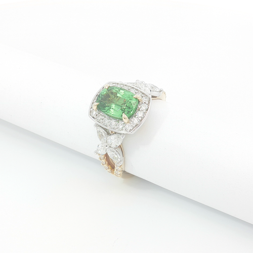 18ct 2Tone Cushion Cut Tsavorite and Diamond Halo Cocktail Ring