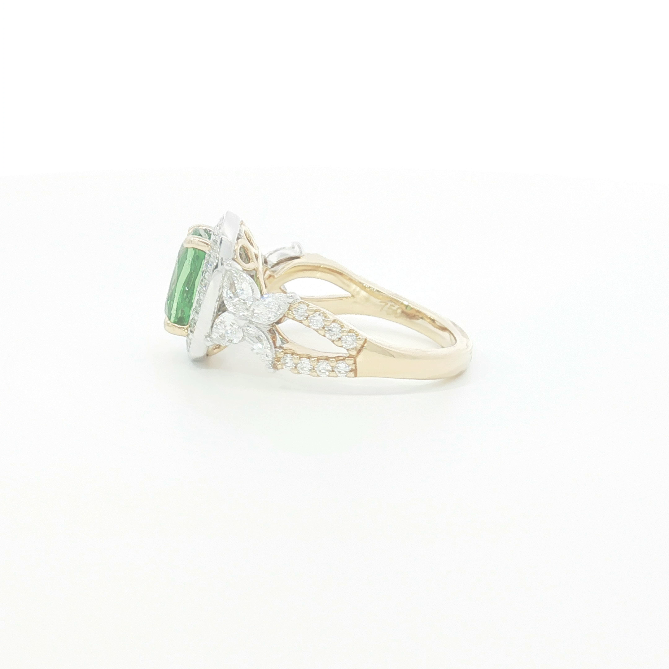 18ct 2Tone Cushion Cut Tsavorite and Diamond Halo Cocktail Ring