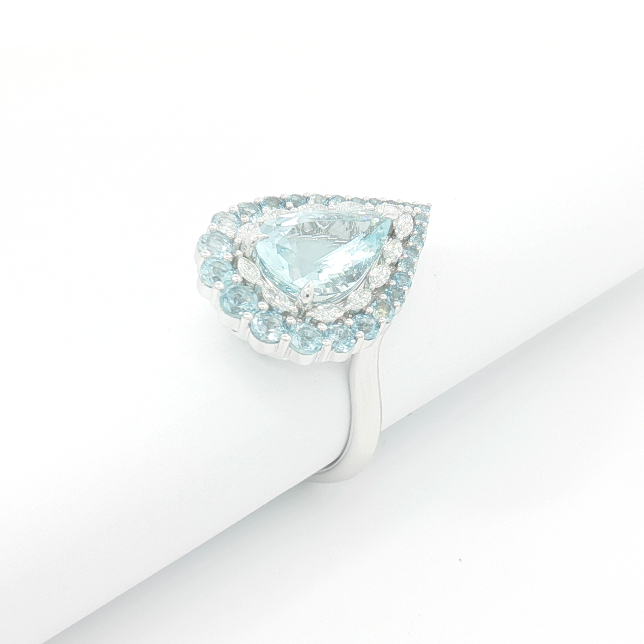 Pear-Shaped Aquamarine Double Halo Cocktail Ring in White Gold