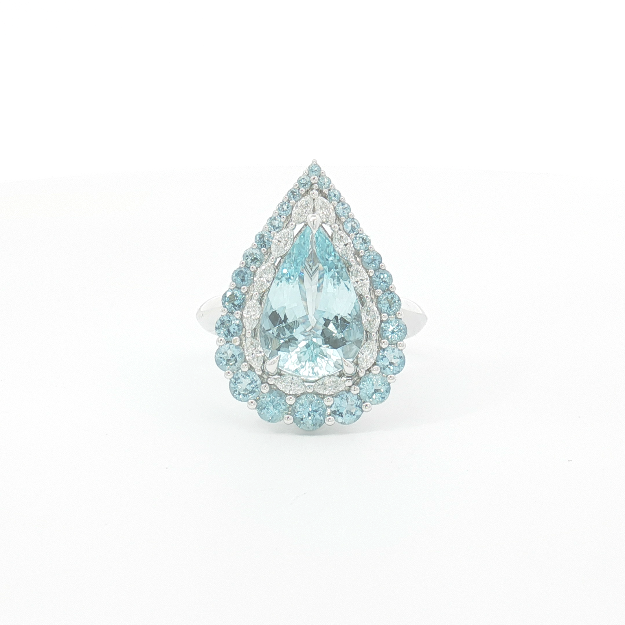 Pear-Shaped Aquamarine Double Halo Cocktail Ring in White Gold