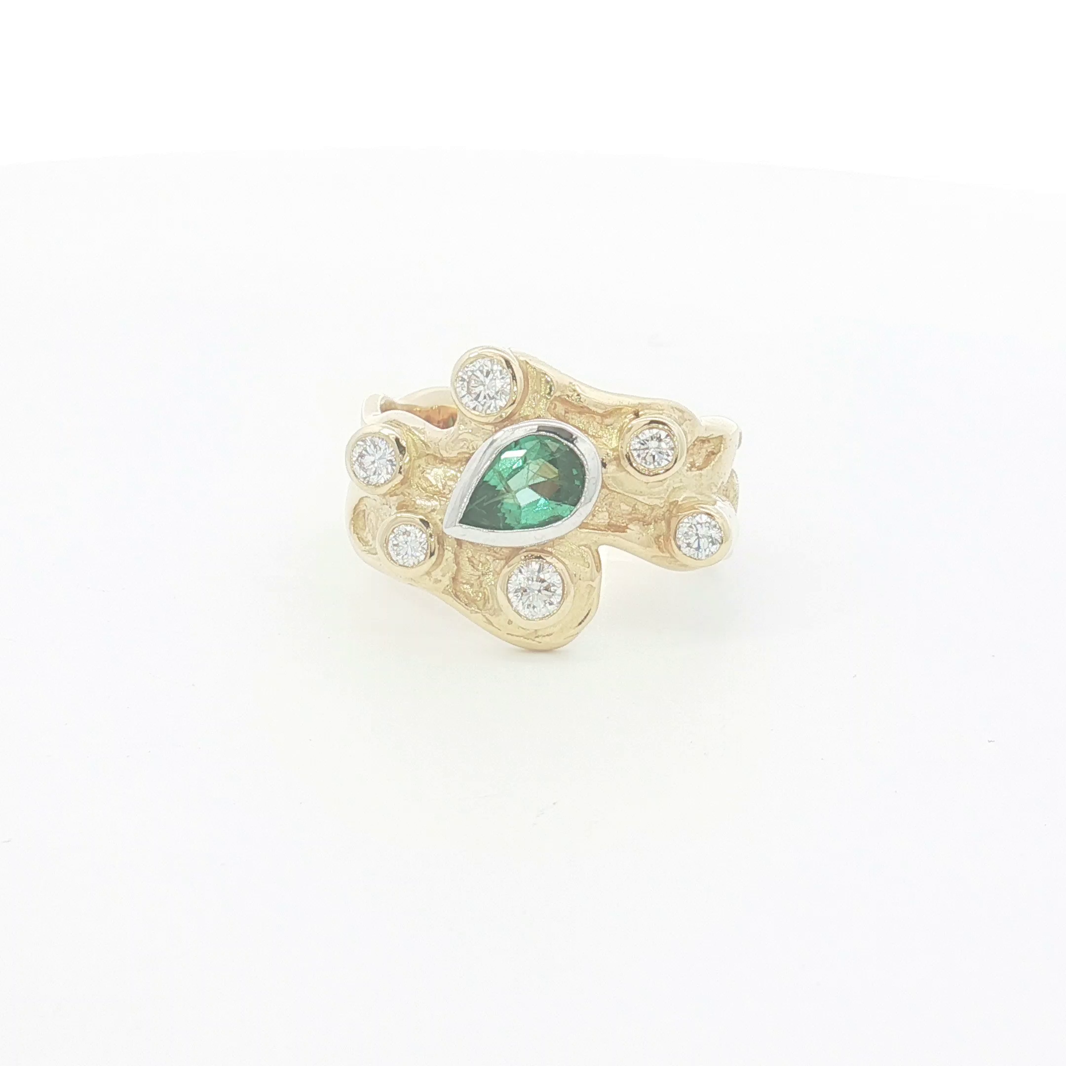 18ct YG Organic Textured Emerald and Diamond Dress Ring
