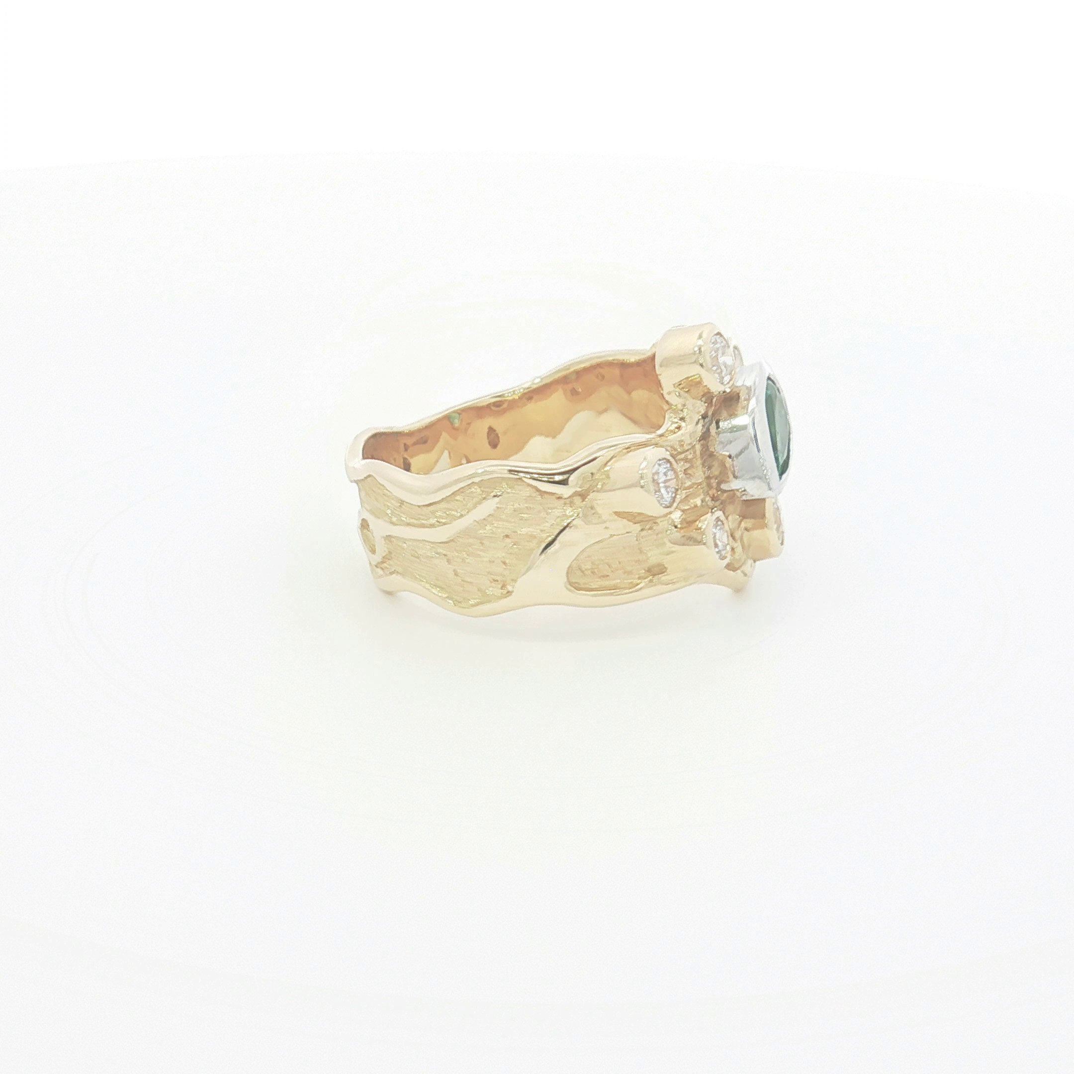 18ct YG Organic Textured Emerald and Diamond Dress Ring