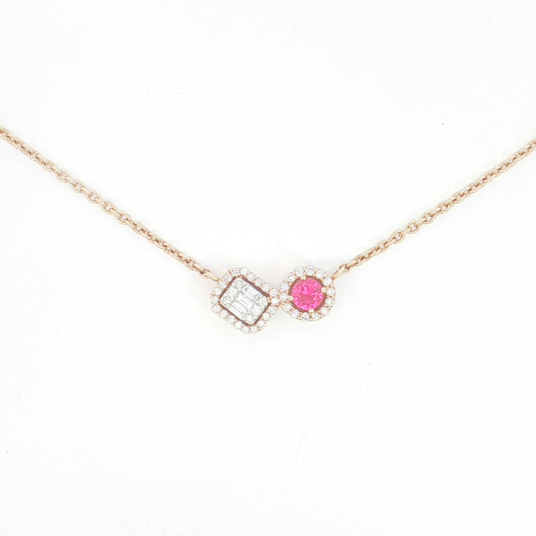 18ct RG Diamond and Ruby Asymmetrical Halo Necklace