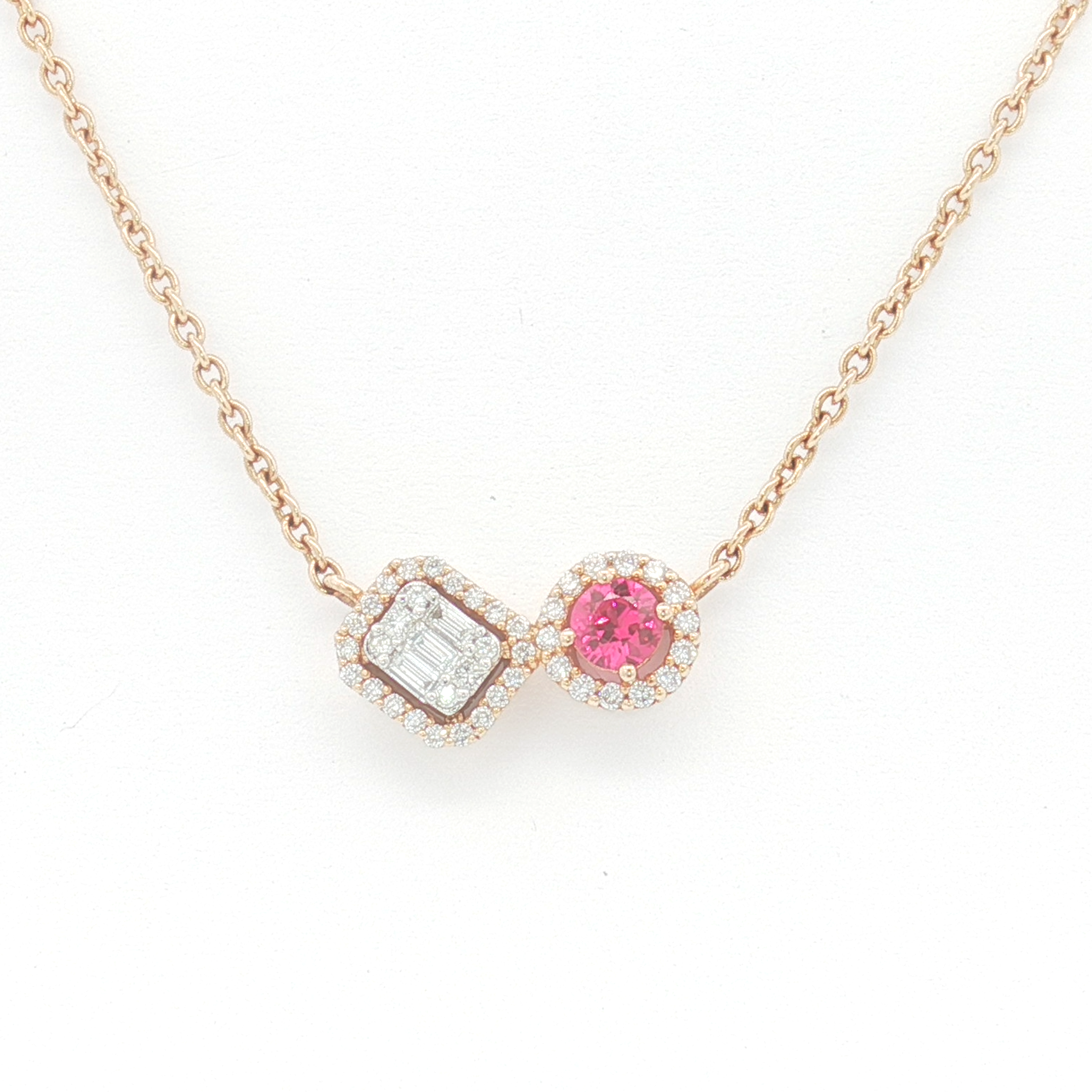 18ct RG Diamond and Ruby Asymmetrical Halo Necklace
