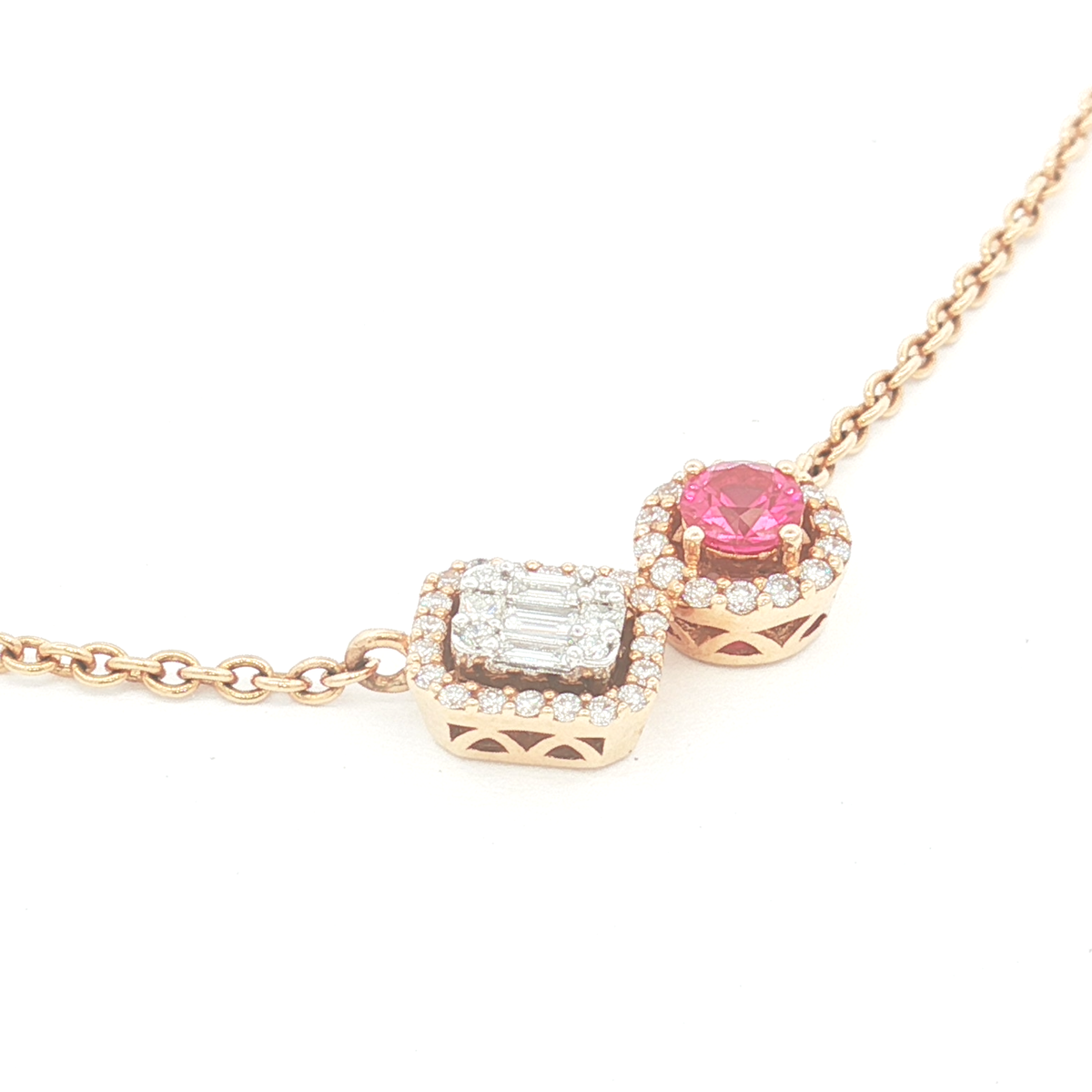 18ct RG Diamond and Ruby Asymmetrical Halo Necklace