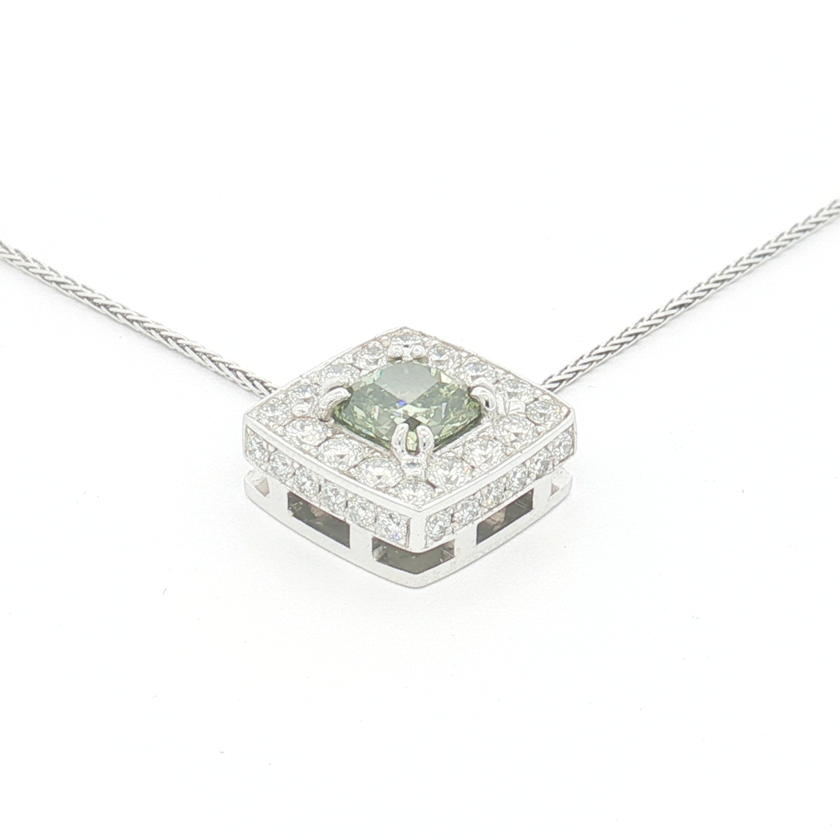 18ct WG Lab Grown Fancy Green Diamond Halo Pendant Necklace