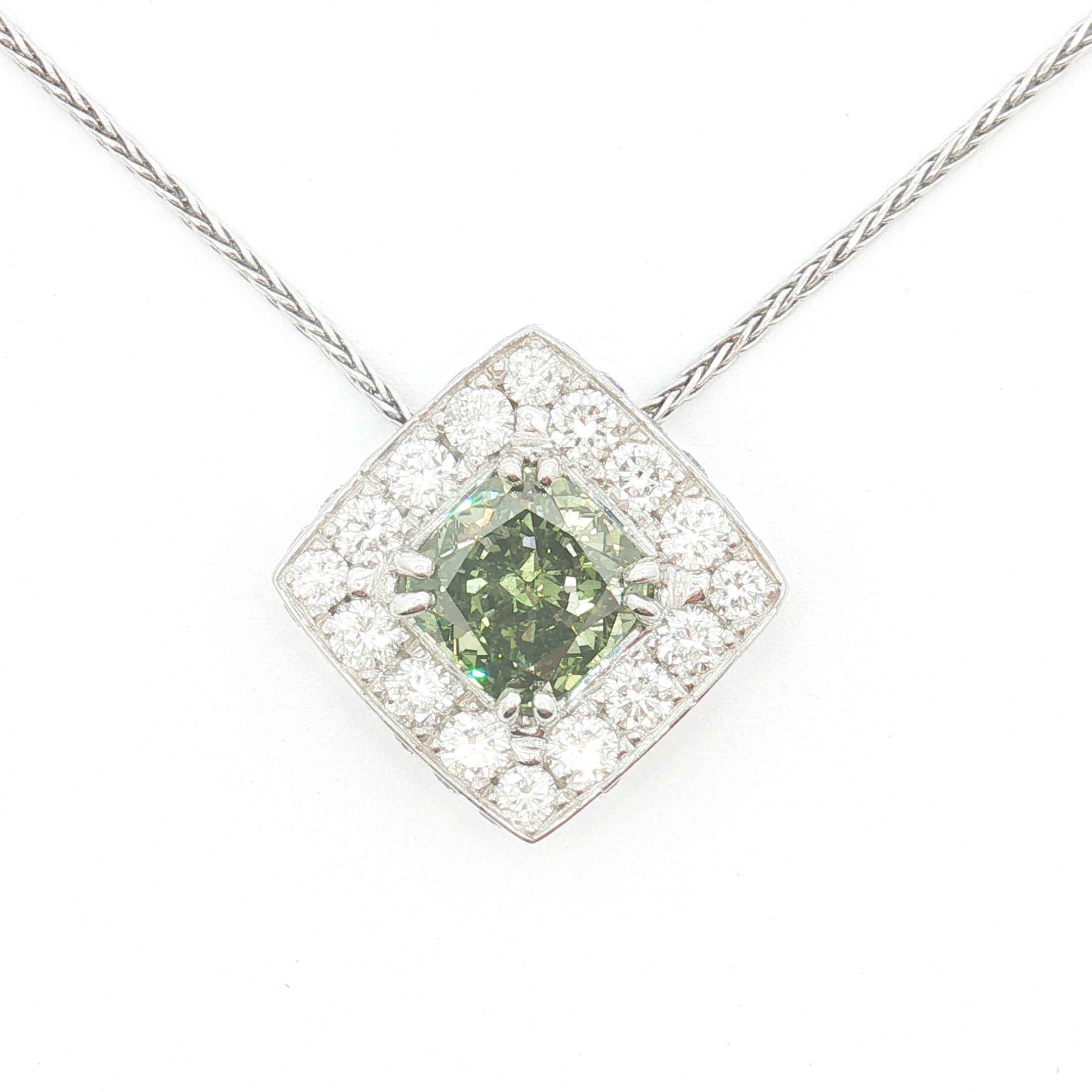 18ct WG Lab Grown Fancy Green Diamond Halo Pendant Necklace