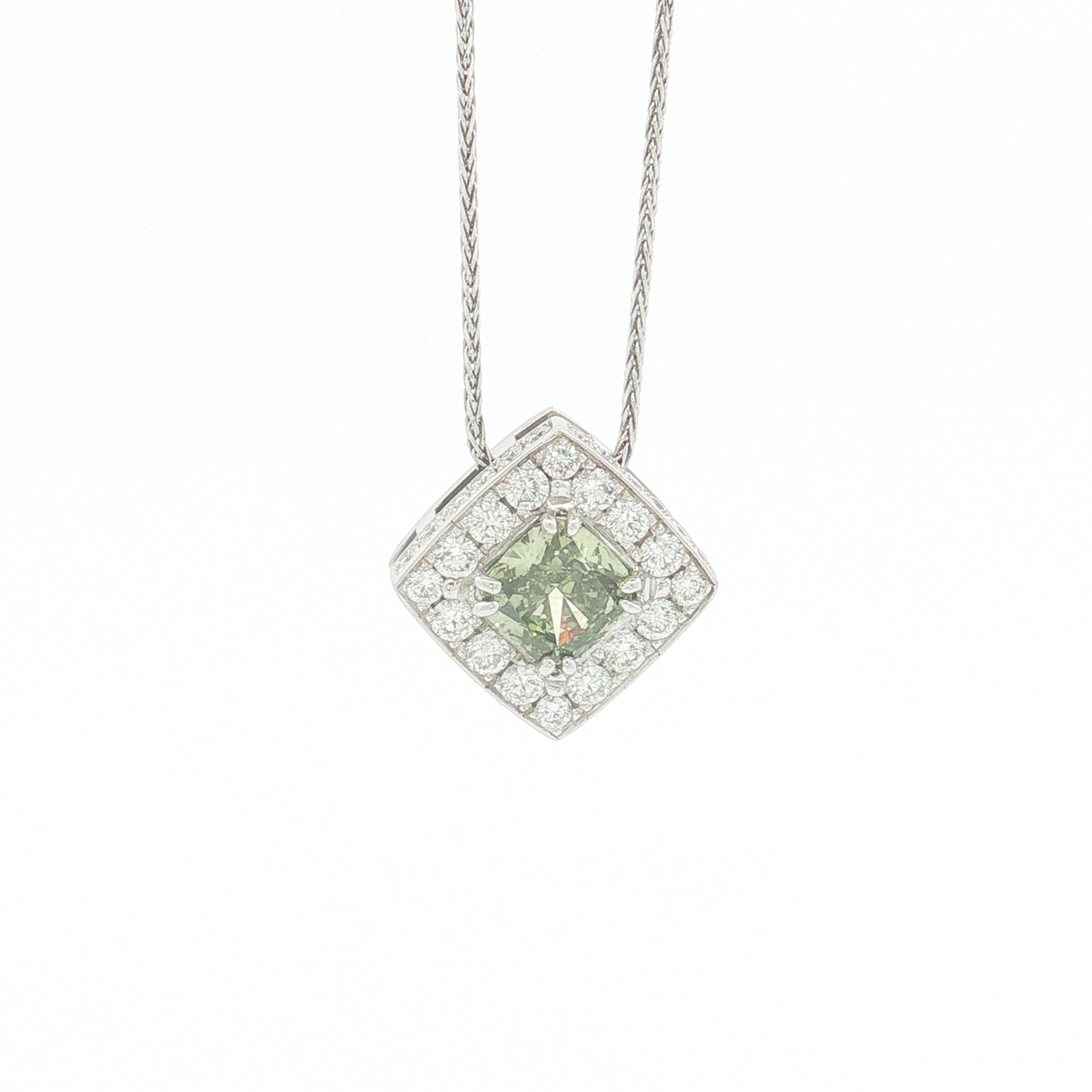18ct WG Lab Grown Fancy Green Diamond Halo Pendant Necklace