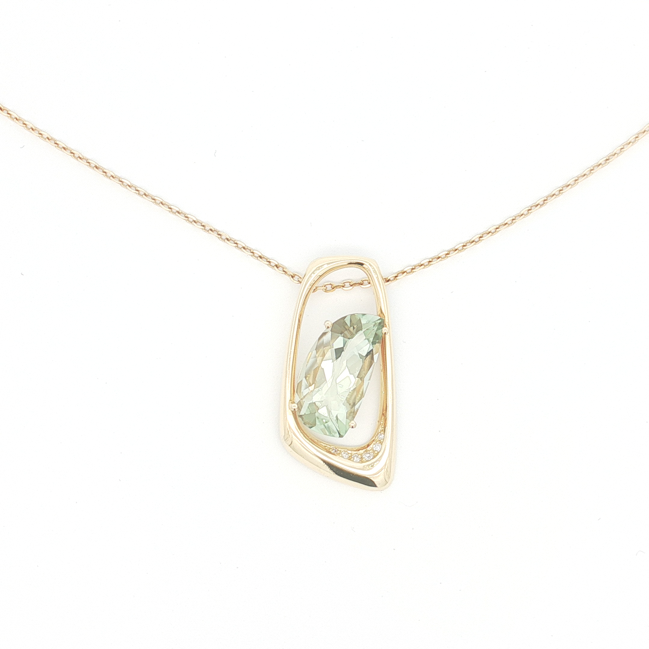 18ct YG Asymmetrical Prasiolite and Diamond Pendant