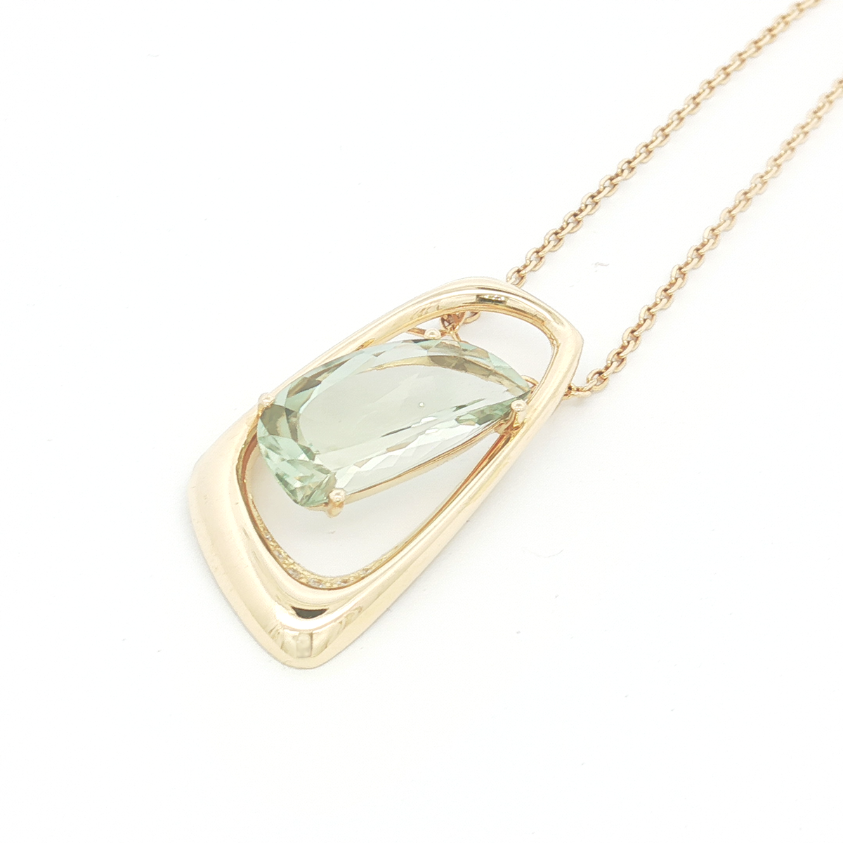 18ct YG Asymmetrical Prasiolite and Diamond Pendant