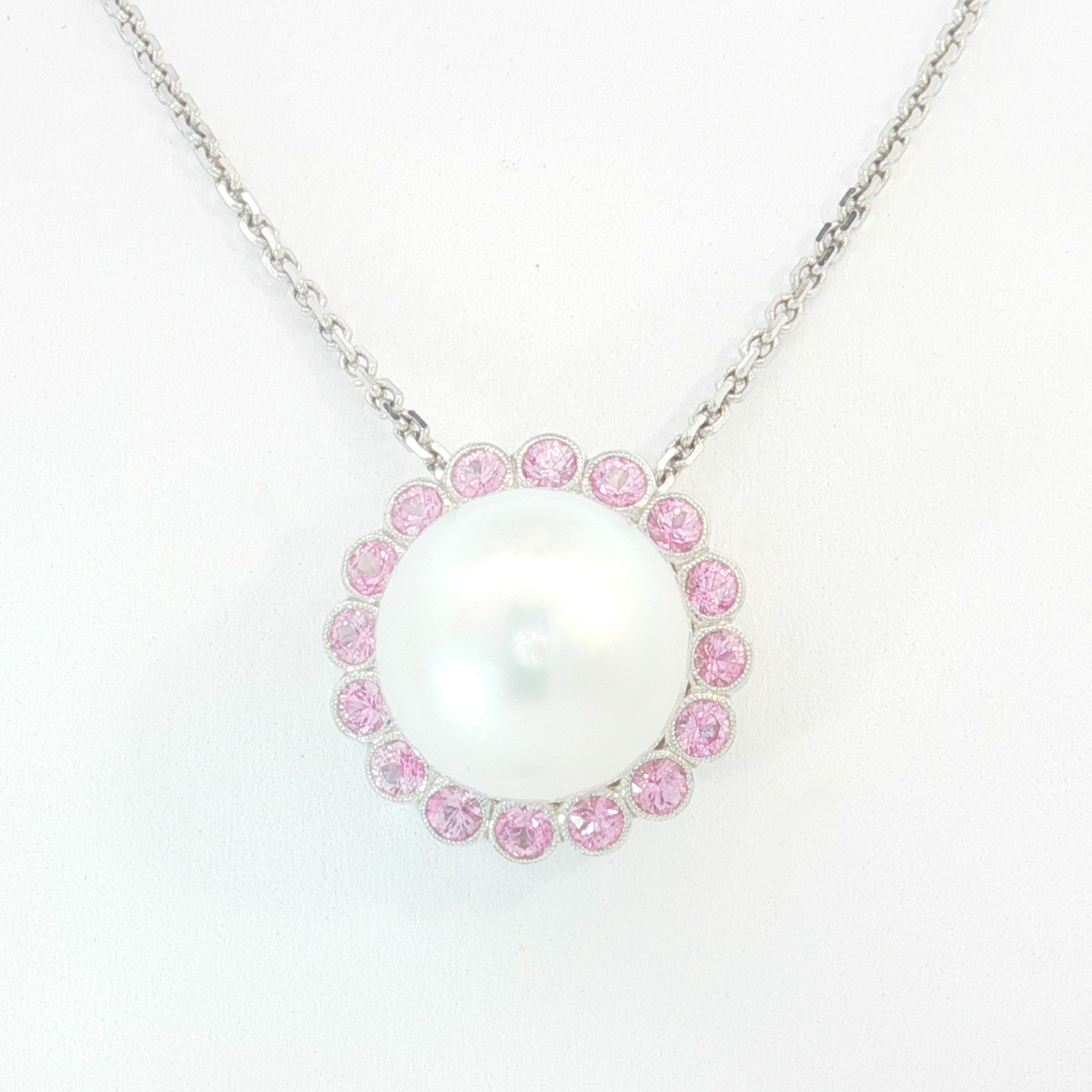 18ct WG SS Pearl and Pink Sapphire Halo Pendant