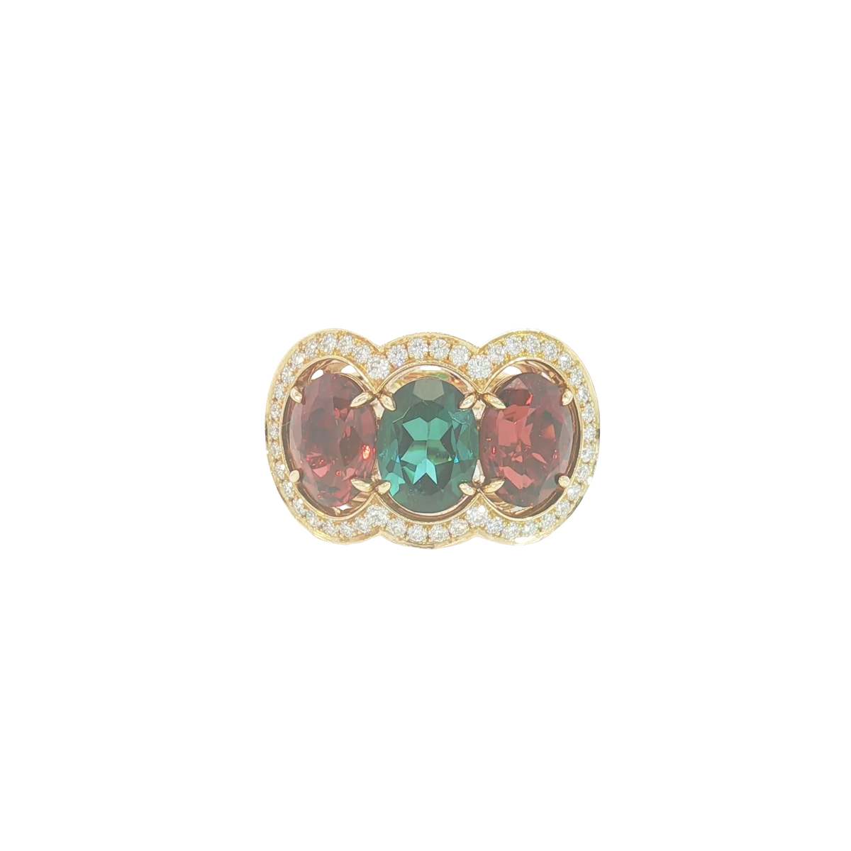 18ct YG Tourmaline, Garnet and Diamond Multi-Halo Dress Ring