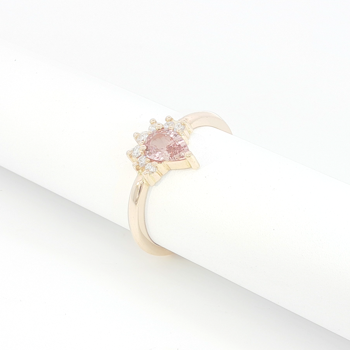 18ct RG Pear-Cut Peach Sapphire and Diamond Half Halo Ring