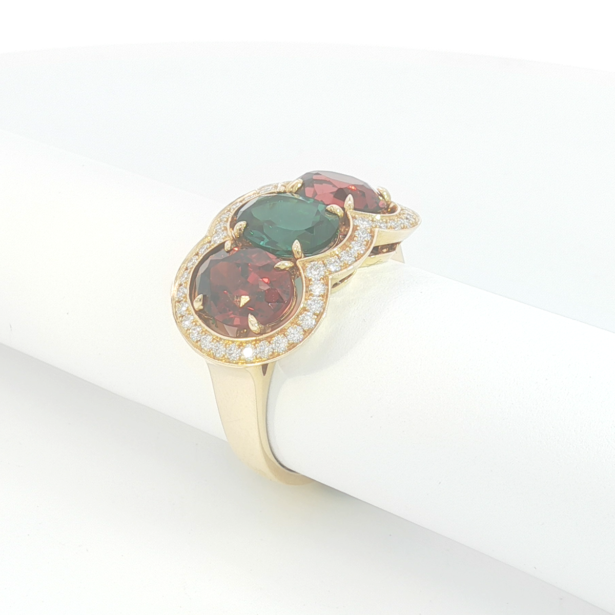 18ct YG Tourmaline, Garnet and Diamond Multi-Halo Dress Ring
