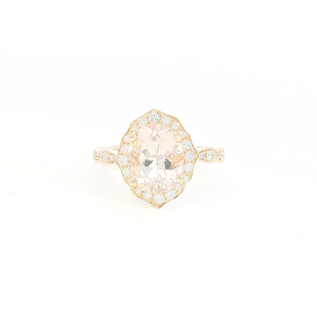 18ct RG Oval Morganite Scalloped Halo Cocktail Ring