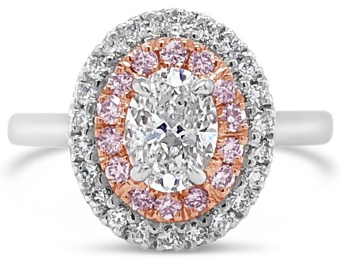 18ct white gold oval double halo engagement ring featuring pink and white diamonds