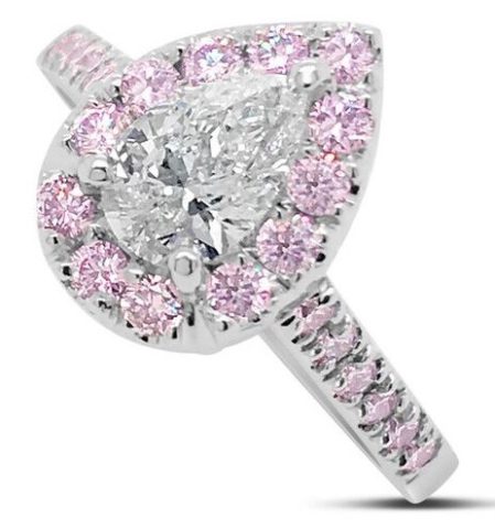 18ct white gold pear diamond with pink diamond halo engagement ring